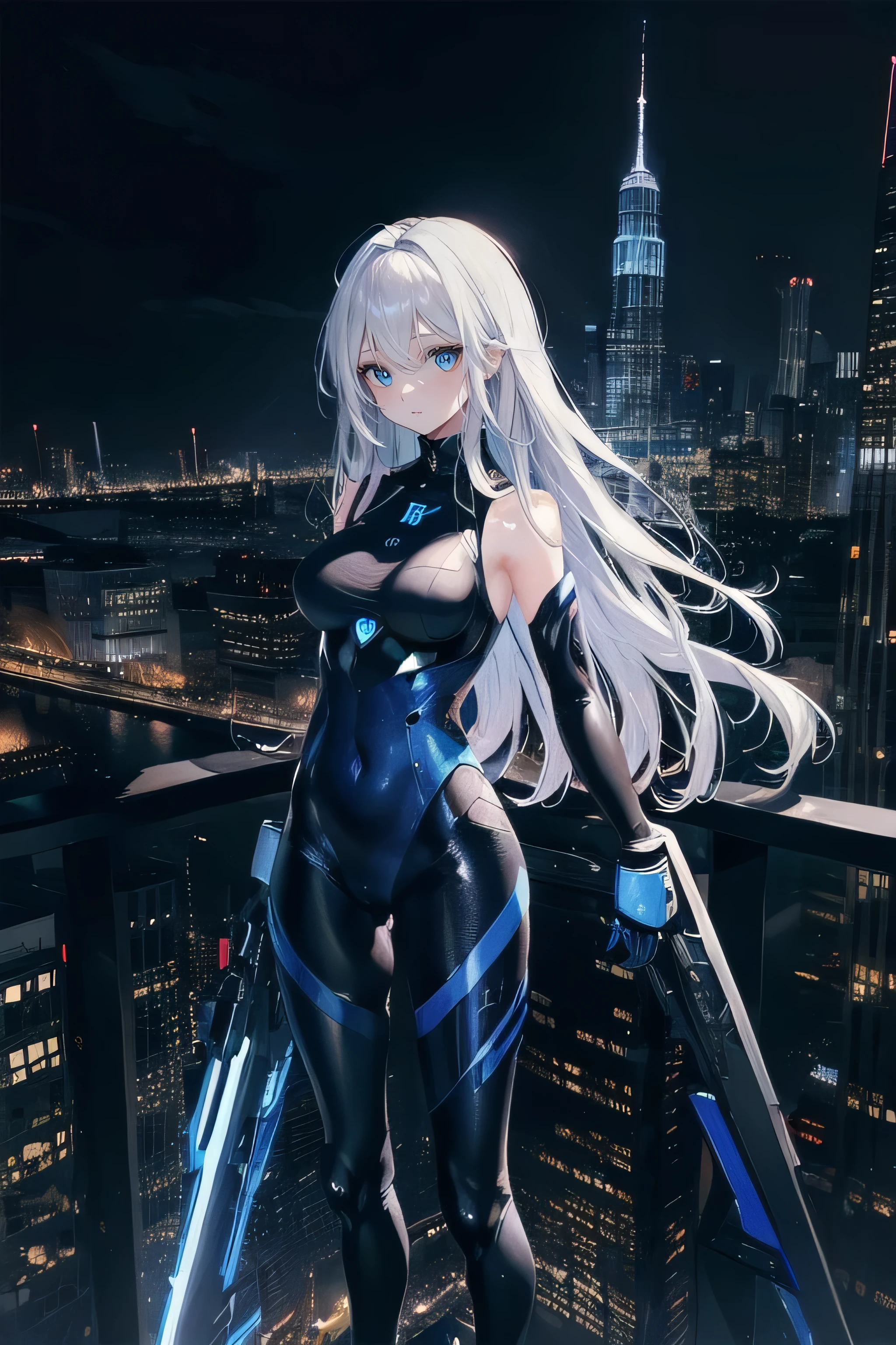 (masterpiece), (best quality), ultra detailed, finely detailed color, cenematic painting, (Top image quality), (Ultra Detailed), (Facing forward), top quality, masterpiece, (((only 1 girl))), Silver Hair, white hair, ((Long hair)), (deep blue eyes:1.6), night, urban, ((holding cybernetic weapon)), ((high leg)), ((bare legs)), ((sleeveless)), battle suit, bodysuit, mecha suit, black suit, skyline, ((city background:1.2))