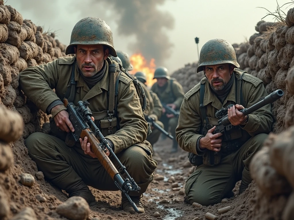 Uniformed soldiers inside a trench fighting a battle in the middle of a war