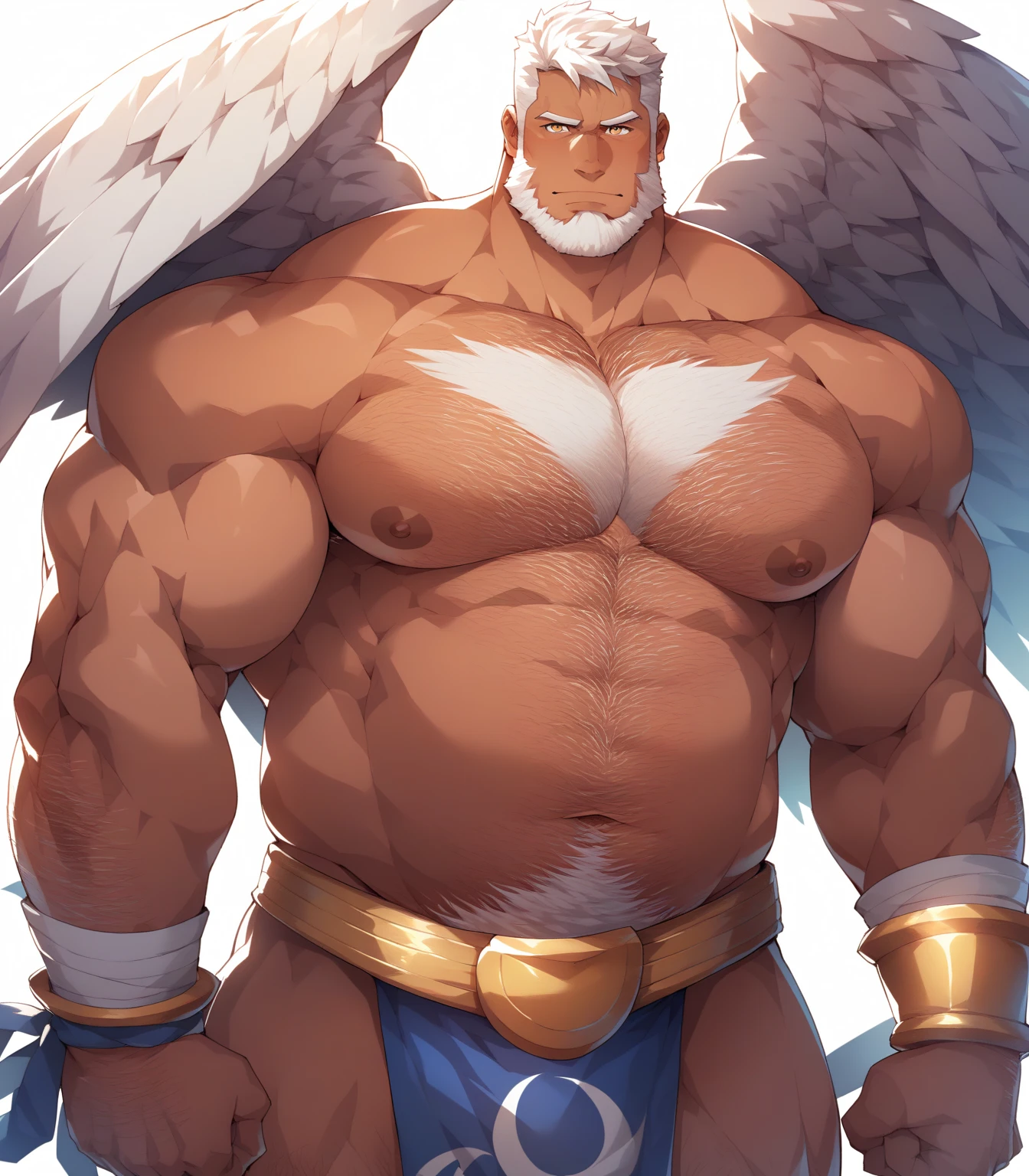 Hyperrealistic image of an elderly man over 79 years old, gray-haired Nordic archangel superhero with huge open white swan wings and a halo of light on his head super heavy and very fat very handsome bodybuilder with huge flabby pecs and very large and pointed nipples very sweaty jumping in the air in a sky of very white clouds wearing only a leather and gold roman skirt
