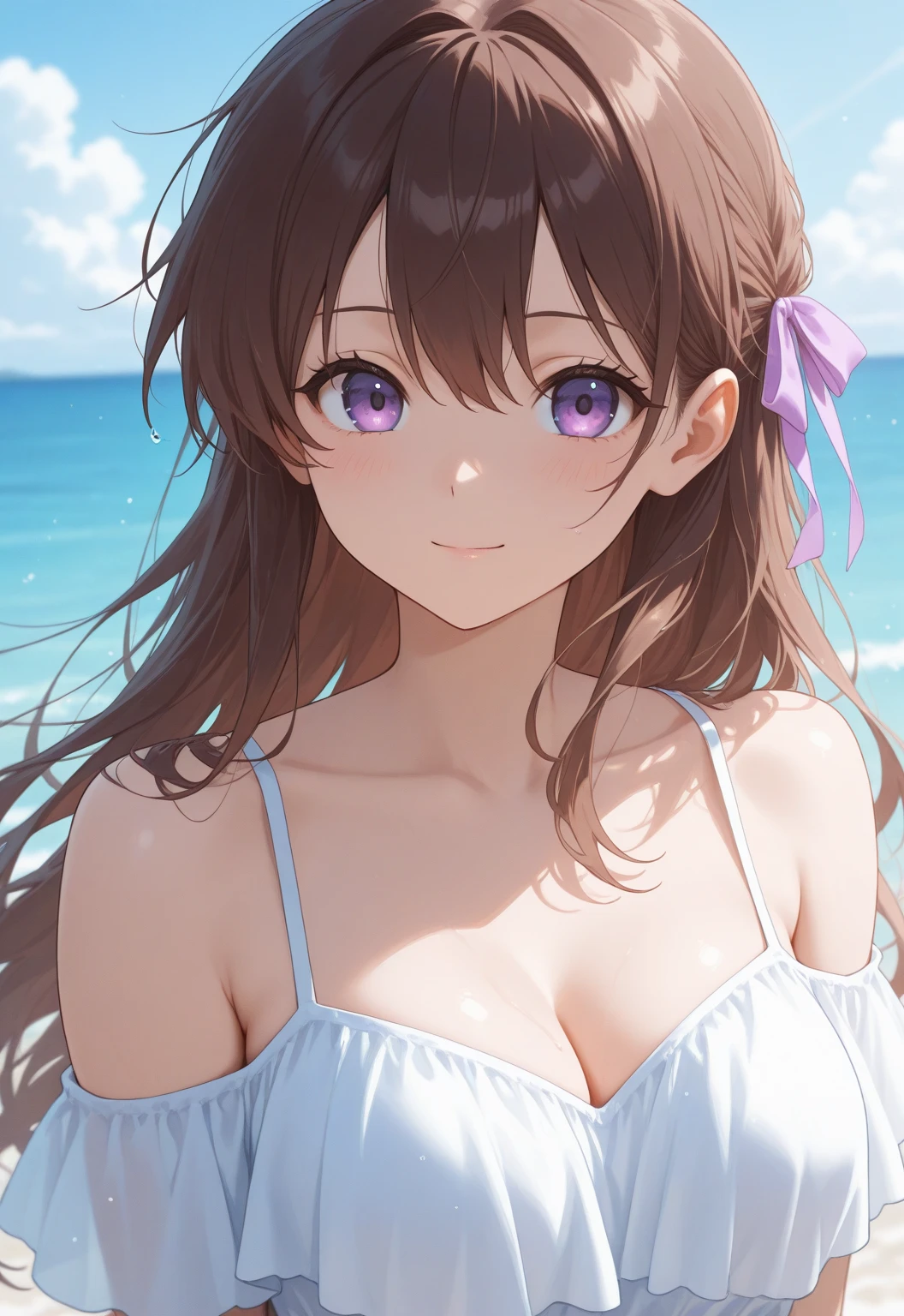 ((masutepiece)), ((Best Quality)), (Ultra-detailed), ((kawaii)), Cute, (lovely), ((Sexy)), (Ero), ((Extremely detailed)), 4K, (8K), Best Quality, (Beautiful), Anime style, Dynamic Angle, Upper body, Colorful, full body focus, Beach, Pool, Beautiful sky, Daytime, Summer, Cute little girl s, 1girl in, Solo, maikurobikini, Beautiful light brown hair, Beautiful purple eyes, ((Beautiful eyes)), White-skinned, Ponytail, Transparent hair, translucent hair, large full breasts, Necklace, lightsmile, Lens Flare, Wind-effect, shiny-glistening, gleaming, wetted by water, reflection effect
