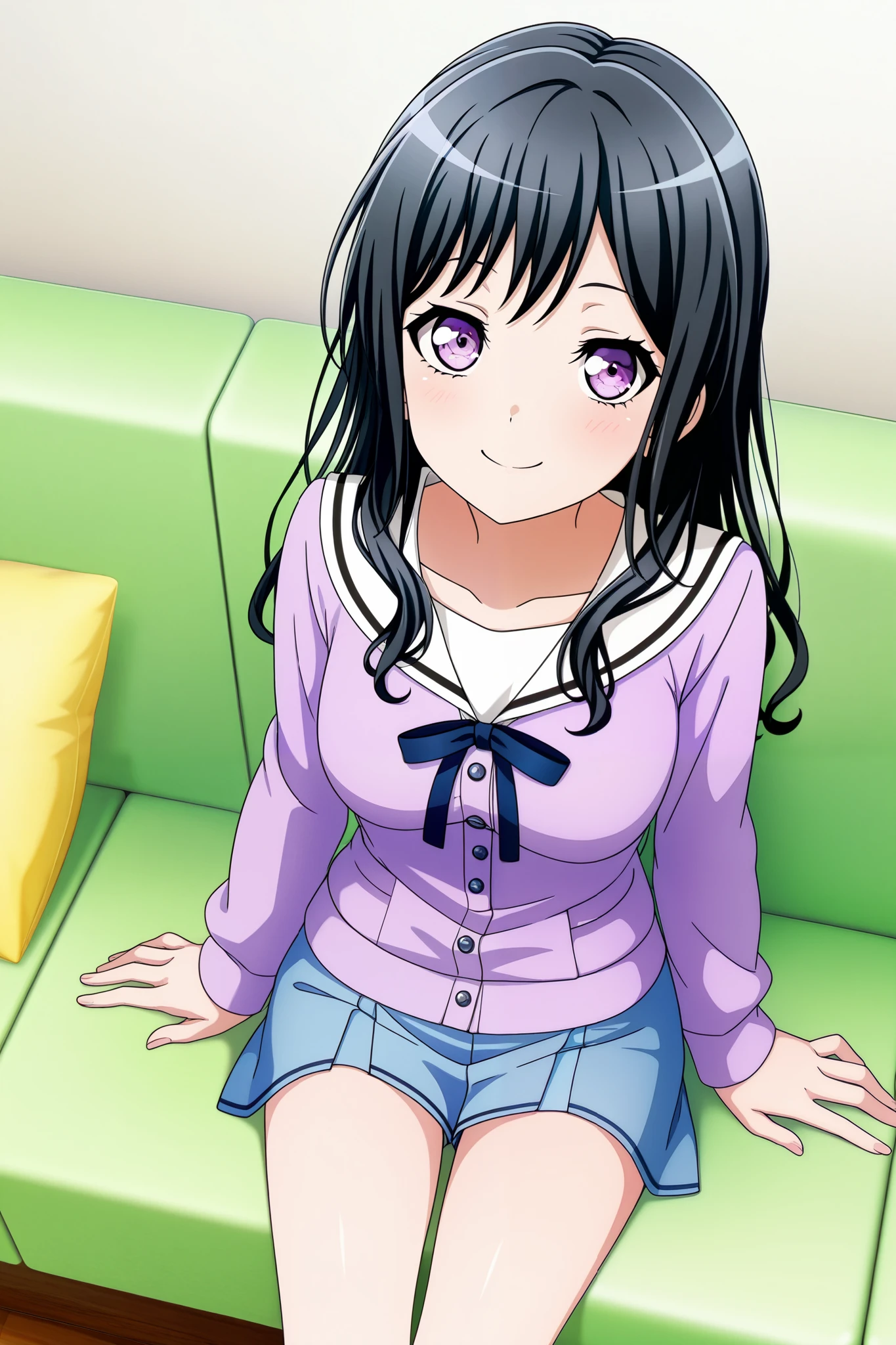 score_9, score_8_up, score_7_up, best quality, masterpiece, source_anime, anime coloring, anime screencap, official art 3d bang dream! official art 3d, Detailed eyes, Perfect eyes, good eyes,
BREAK
1girl,solo, long hair, black hair, purple eyes, medium breasts, bang dream!, best quality, amazing quality, very aesthetic, Sitting on the sofa, looking at another, From top to thigh, smile, From above , Head turned to the side