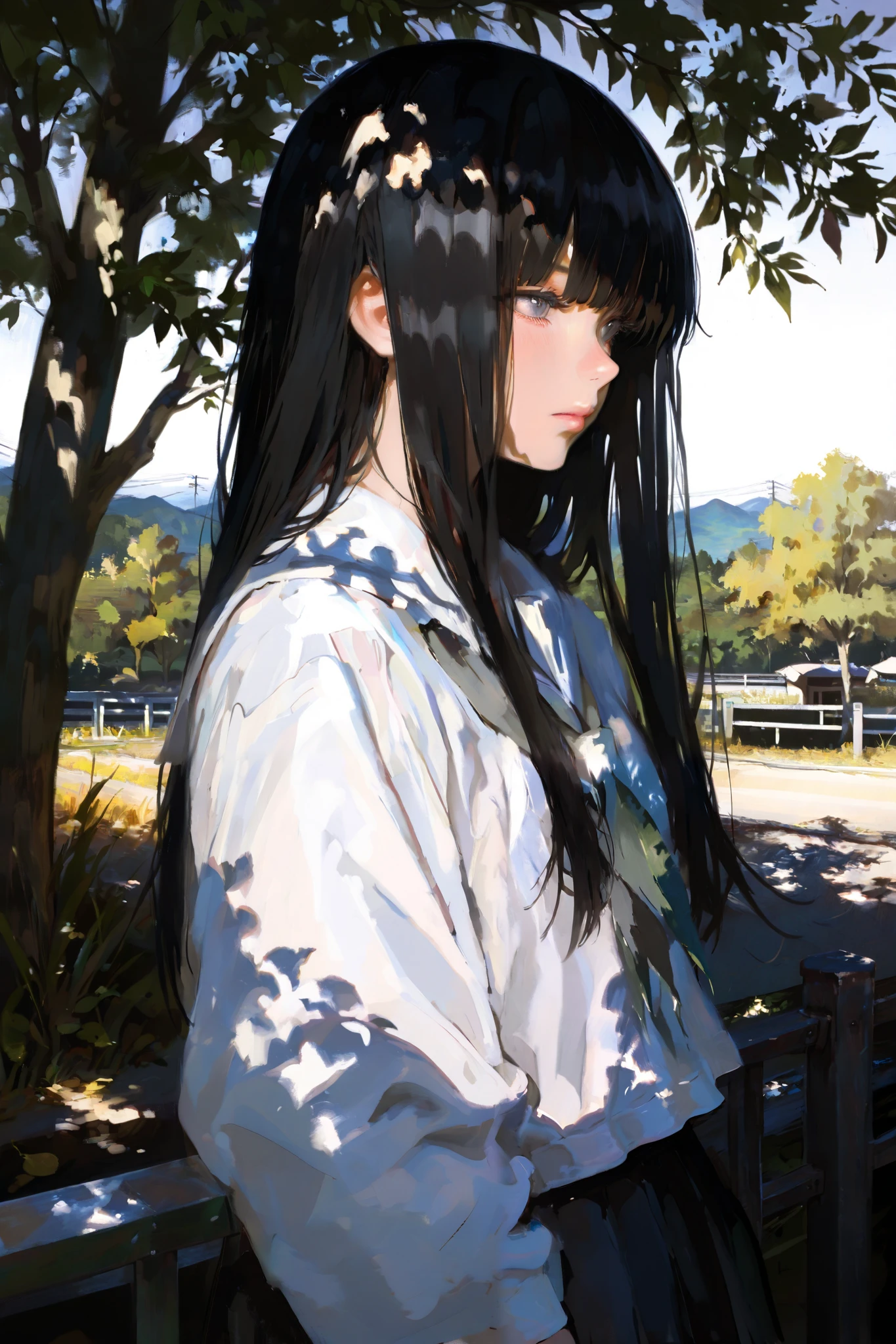 HDR, 8K, high contrast, masterpiece, best quality, amazing quality, very aesthetic, painting artstyle, realistic, newest, hyperdetailed painting, brushstrokes, digital painting,
BREAK
bounce light, hyperdetailed, detailed hair strands, detailed fibers, aesthetic, 8k wallpaper, detailed, masterpiece, best quality, amazing quality, very aesthetic, absurdres, 8K,masterpiece, great colors, color theory, great lighting, great composition, flawless. 1girl, Hime cut, black hair, bleached hair, grey eyes, school outfit, looking to side, leaves in the wind, sharp sunlight, windy, tree shade, railing, japanese road background.