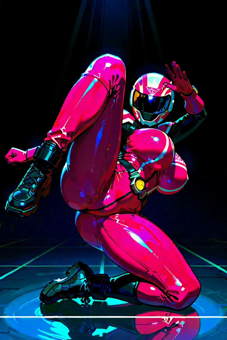 The armor pictured has a streamlined, streamlined design, predominantly in shades of pink and fuchsia. The structure of the suit appears to be designed for both mobility and protection.
### Design Details:
1. **color**:
- **Principal**: A bright pink shade covers most of the suit.
- **secondary**: A darker fuchsia is used to highlight specific areas and provide contrast.
2. **Costume Sections**:
- **Chest and abdomen**: The chest area features an inverted arrow design in a darker fuchsia tone, which may have a decorative or structural function.
- **shoulders and arms**: The shoulders and upper arms have dark plates that appear to provide additional protection.
- **hands**: Gloves with separated fingers, in bright pink with dark details on the wrists.
- **legs**: Leg armor has reinforced panels at the knees and thighs, with the same darker fuchsia tone.
3. **Additional details**:
- **neck**: A turtleneck in dark fuchsia.
- **elbows and knees**: Dark fuchsia reinforcements on the elbows and knees for greater protection.
- **pies**: Boots designed for stability, in the same color scheme as the rest of the suit.
4. **Fit and Flexibility**:
- The fitted design suggests that the suit allows a wide range of movement without sacrificing protection.
- The absence of bulky or protruding elements implies a focus on agility.
### Functionality:
- **material**: Although the material is not specified, The appearance suggests that it is made of a light and strong composite.
- **protection**: Critical areas are reinforced, providing a balance between defense and mobility.
- **aesthetics**: The use of bright, contrasting colors is not only eye-catching but can serve to intimidate opponents..