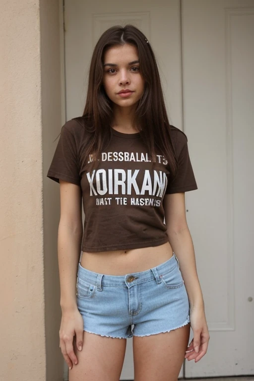 Skinny Brazilian girl with medium straight brown hair and thick legs wearing shorts and t-shirt