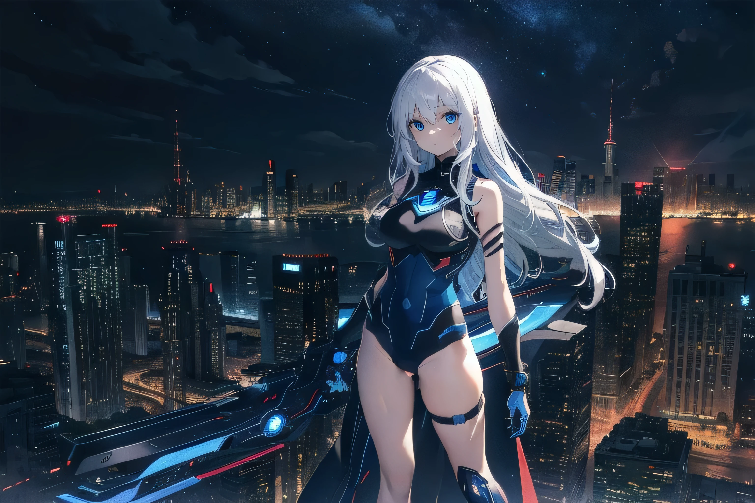 (masterpiece), (best quality), ultra detailed, finely detailed color, cenematic painting, (Top image quality), (Ultra Detailed), (Facing forward), top quality, masterpiece, (((only 1 girl))), Silver Hair, white hair, ((Long hair)), (deep blue eyes:1.6), night, urban, ((holding cybernetic weapon)), ((high leg)), ((bare legs)), ((sleeveless)), battle suit, bodysuit, mecha suit, black suit, skyline, ((city background:1.2))