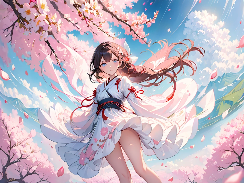 (Ultra HD cherry blossom wallpaper, gorgeous picture, exquisite technique), (the most beautiful light and shadow, the most exquisite details, perfectly presented), dancing, smoke, alone, warm spring sun, (1girl), such as a flower bright smile, calm enchanting, many cherry blossoms coiled, petals falling, white kimono, belt, shoes and socks, cherry blossom ornaments, cherry blossom branches.