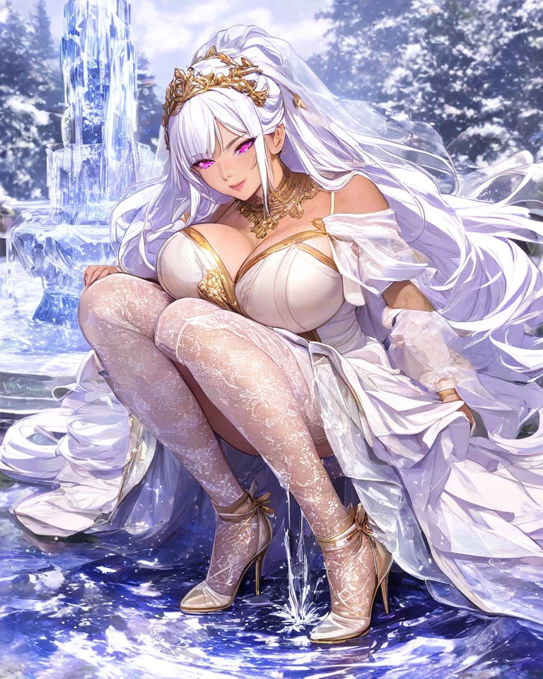 anime - style image of a woman in a white dress with a tiable, ((a beautiful fantasy empress)), royal elegant pose, a beautiful fantasy empress, hyperborea princess, ice queen, queen of ice and storm, princess 'kida' kidagakash, anime goddess, white haired deity, blonde - haired princess, fluffy chest, sfw version