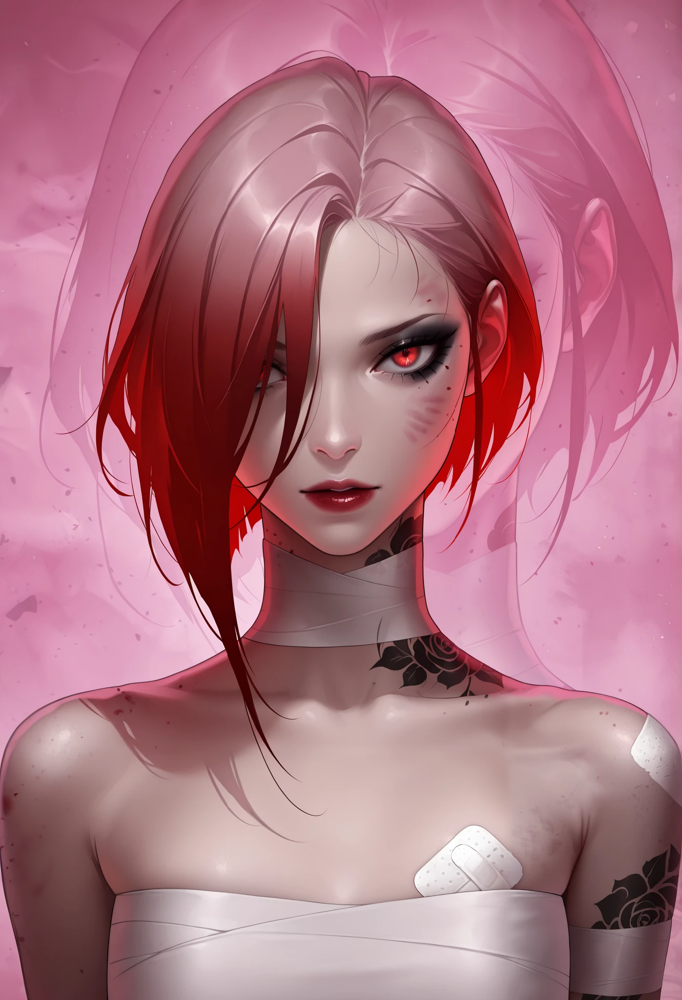 masterpiece, best quality, amazing quality, newest, very aesthetic, 1girl,Image is a digital illustration featuring a stylized portrait of a person with a distinctive and edgy appearance. The subject has light skin and a sharp, angular face with prominent cheekbones. Their hair is dark, styled in an asymmetrical cut with one side shaved and the other side long, covering part of their face. The person has dark, intense eyes with bold eyeliner, and their lips are painted a deep red. They are wearing a strapless, white bandage-like top that wraps around their torso. The subject's body is adorned with several band-aids and lipstick marks, adding to the rebellious aesthetic. A small tattoo is visible on their neck. The background is a pale pink with abstract, floral-like patterns, enhancing the overall artistic and alternative vibe of the illustration.