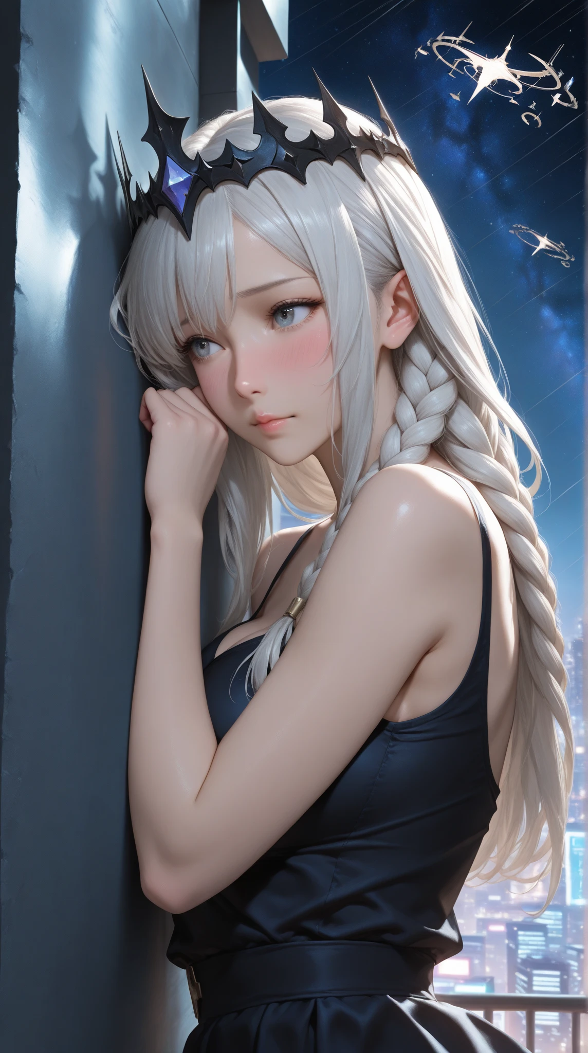 Superb Style, Masterpiece, High Resolution, Best Quality, UHD, Super Detail, Award-Awarded, 16k, (Upper Body), A Beautiful Maiden, Gray Hair, Hair, ((Heterochromia)), Hanging Corners, Fair Skin, (Small Breasts), (Slim Body), ((Cardigans)), (Neck Rings), (Short Gloves as Short as Half a Palm)