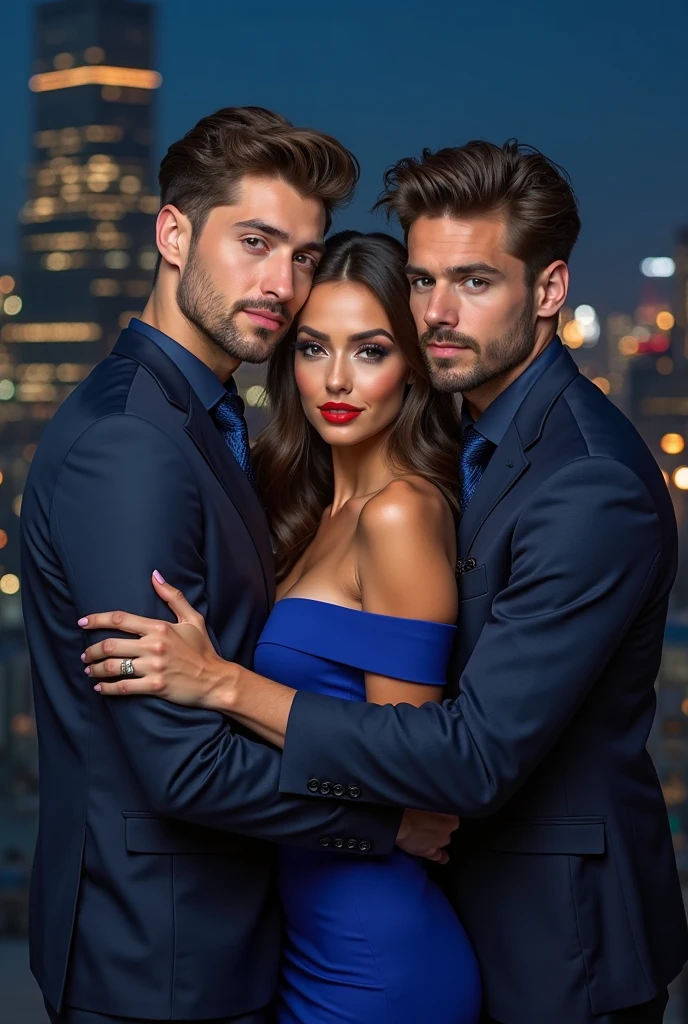3 persons. A man and two slim women eat on the roof terrace in the evening.... slim blonde woman in a black mini dress with rhinestones and lace. The 2. Woman wearing a red bodysuit with lacing and rhinestones. The 2. Woman has brown hair. The man is wearing a shirt and suit trousers. He has brown hair photorealistic details. Close-up into the camera