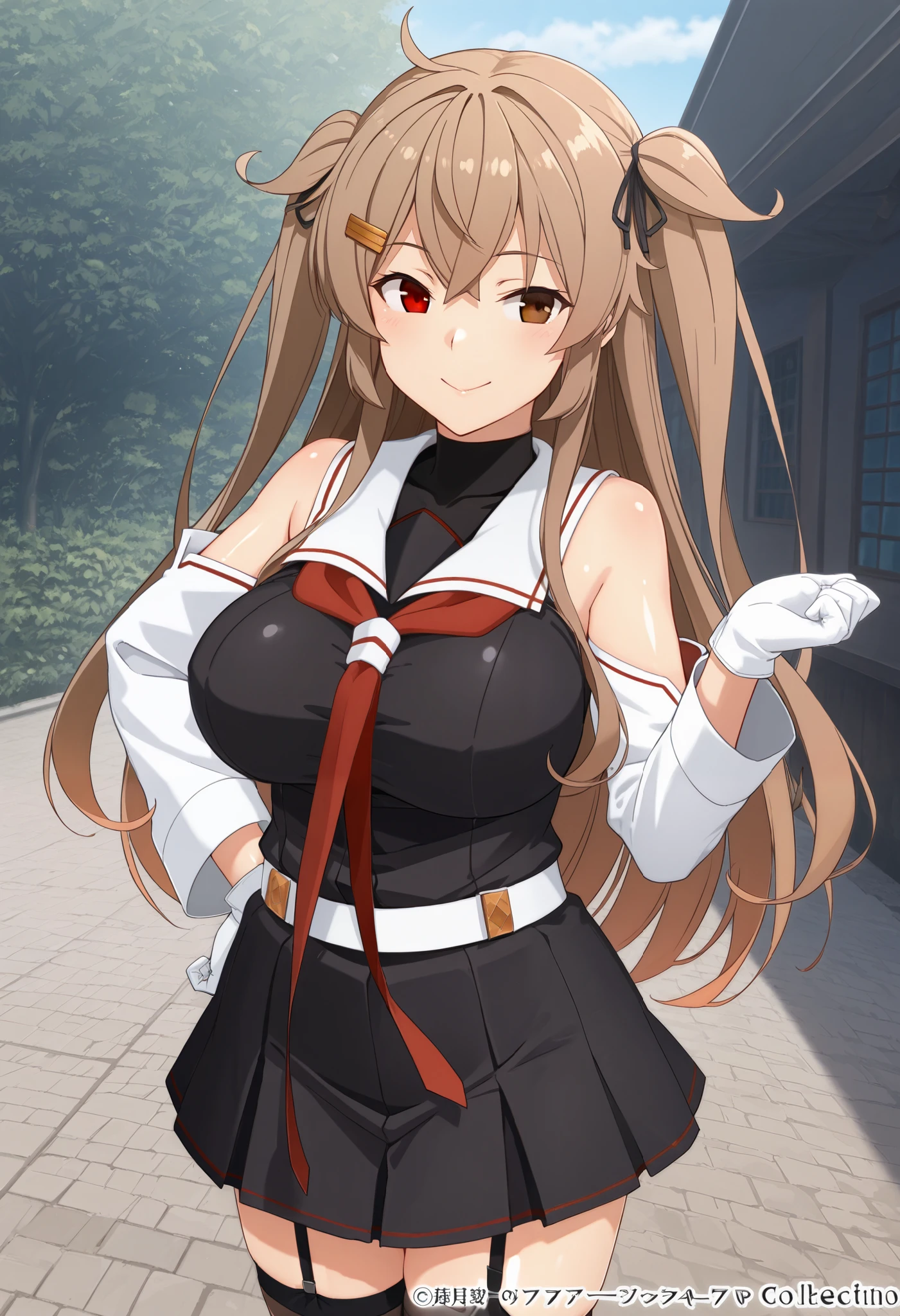 Murasamekai2kc, kantai collection,score_9, score_8_up, score_7_up, source_anime, 1 girl , (masterpiece) , bigger breasts, Official Art, (detachable white sleeves ), kantai collection,1 girl , (masterpiece) , best quality to deliver , high resolution , Murasame Kaiji Fleet Collection , long hair , (ツーサイドup) , hair flap , hair clip ,, , heterochromia , Red Eyes , brown eyes , white sailor color , red neckerchief , black shirt, white gloves , black skirt , garter belt , smile , outdoor , shiny skin,