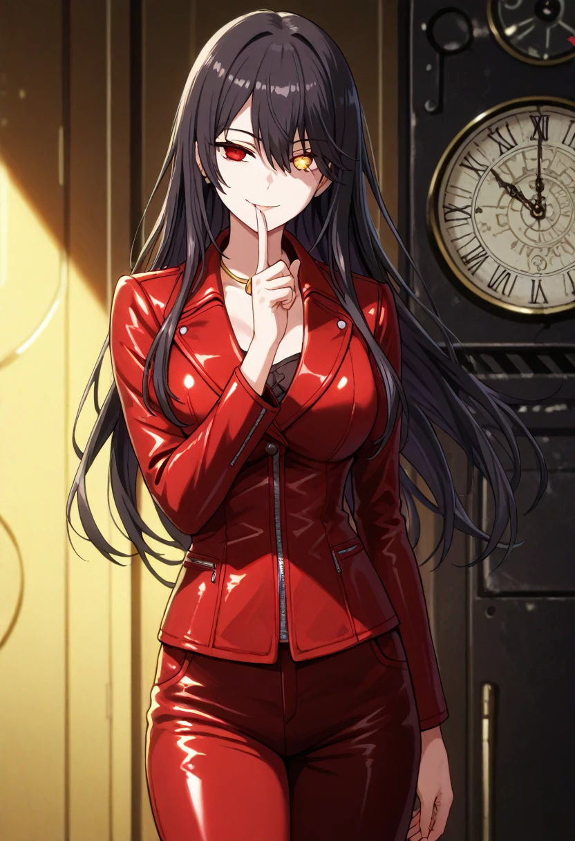 Masterpiece,better quality,incredible quality , Kurumi Tokisaki, a woman,black hair,Long Hair, red leather jacket,Red leather pants,gold necklace,senos grandes,seductive smile, lascivious expression ,lascivious look,a needle sticking out of your index finger,mechanically glowing blue,looking at the spectator,red left eyes,yellow right eye with clock pupil,bright eyes, Shine,