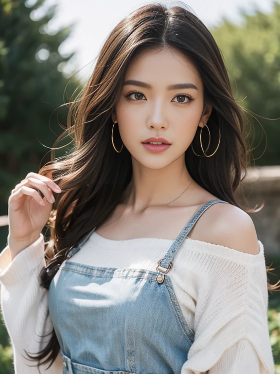 brownie, Sky,moon, (Style Close-up,UHD 8k,Masterpiece CG Wallpaper),Light,Cute girl, Pretty Face,Temperament woman,Floral ,Cloudy background,Tree,Floral,summer, magic,Large Breasts,big braids,earrings,necklace,Low-cut。Grey vest,shut up,Wind blowing hair,Transparent clothes,Skinny jeans,Show your belly button,whole body