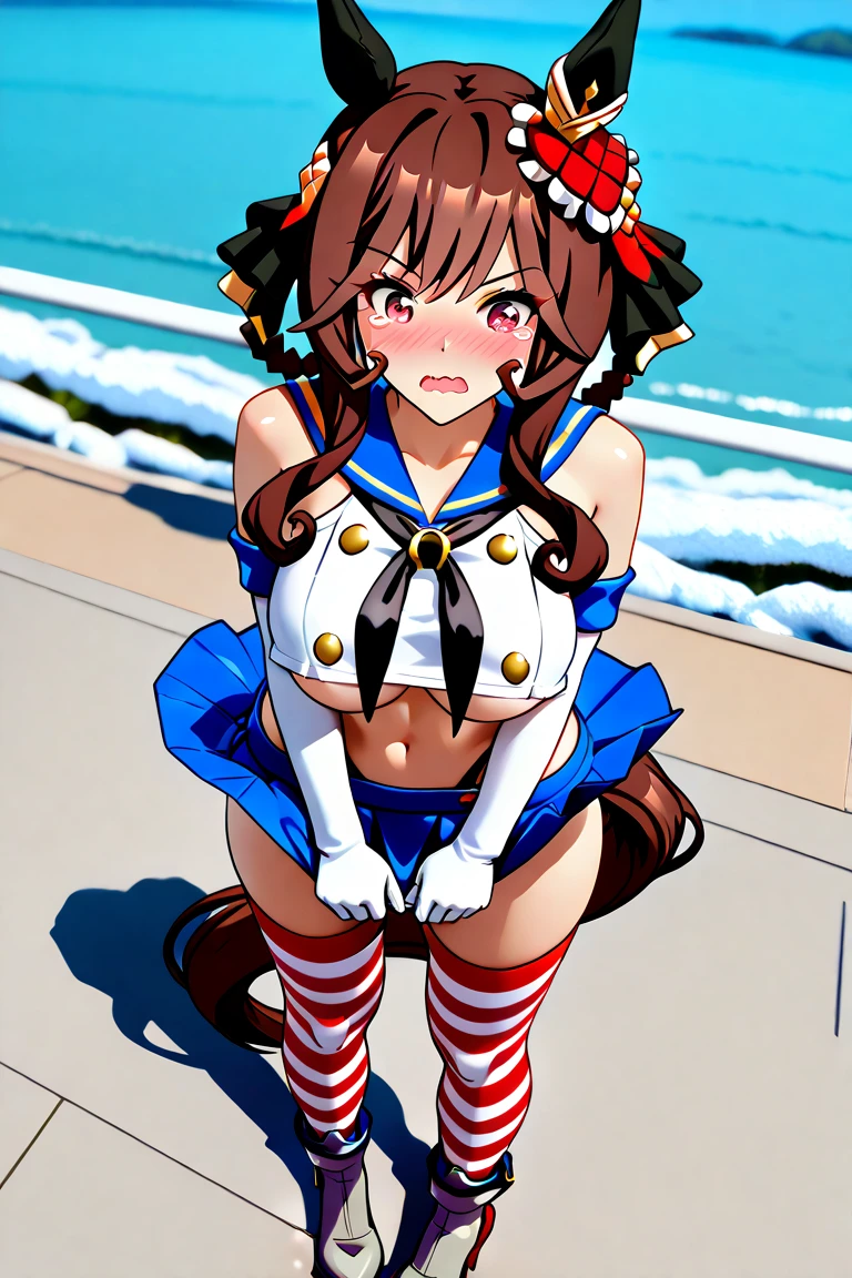 ((masterpiece, best quality)), high resolution,ultra detailed,8k,16k,detailed background, perfect lighting,detailed beautiful eyes,1girl,solo,nsfw,embarrassed,blush,look at viewer,steam,sweat,show off pussy,(yellow peeing:1.2),(restraint collar,from above,nude,cry),(from front:1.2),aroused, squatting,watery eye,wavy mouth,open mouth,confused,on pee sheet
,kawaii,age,short stature,short body,medium breast,nicenature
,brown hair,gray eyes,short twintail,seaside beach,sky