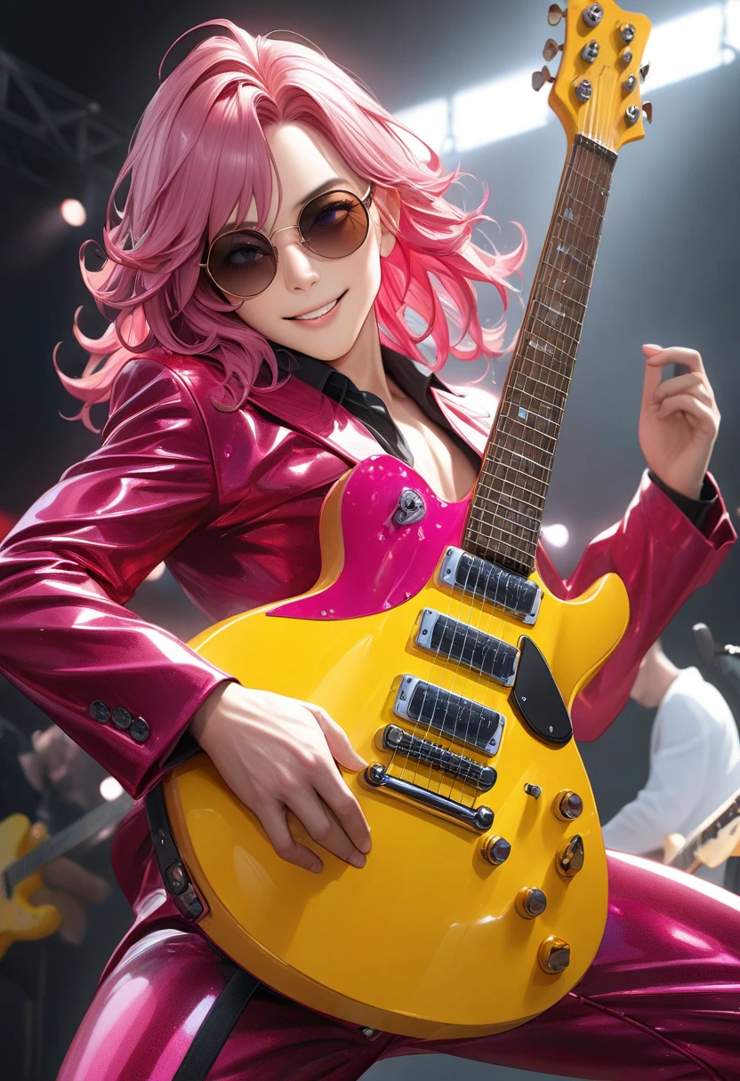 (((masterpiece,Highest quality))),(((A male anime character with a multi-colored, spiky hairstyle, sunglasses, and a somewhat revealing patent leather jacket and Visual Kei outfit.))),((Wearing a small hat at an angle)),(((Sitting on the drum set and playing))),(((Playing the drum set on a live stage,Sweating and laughing as he hits the ball))),Focus on the upper body,(high quality),アニメ,rainbow highlights hair,streaked hair