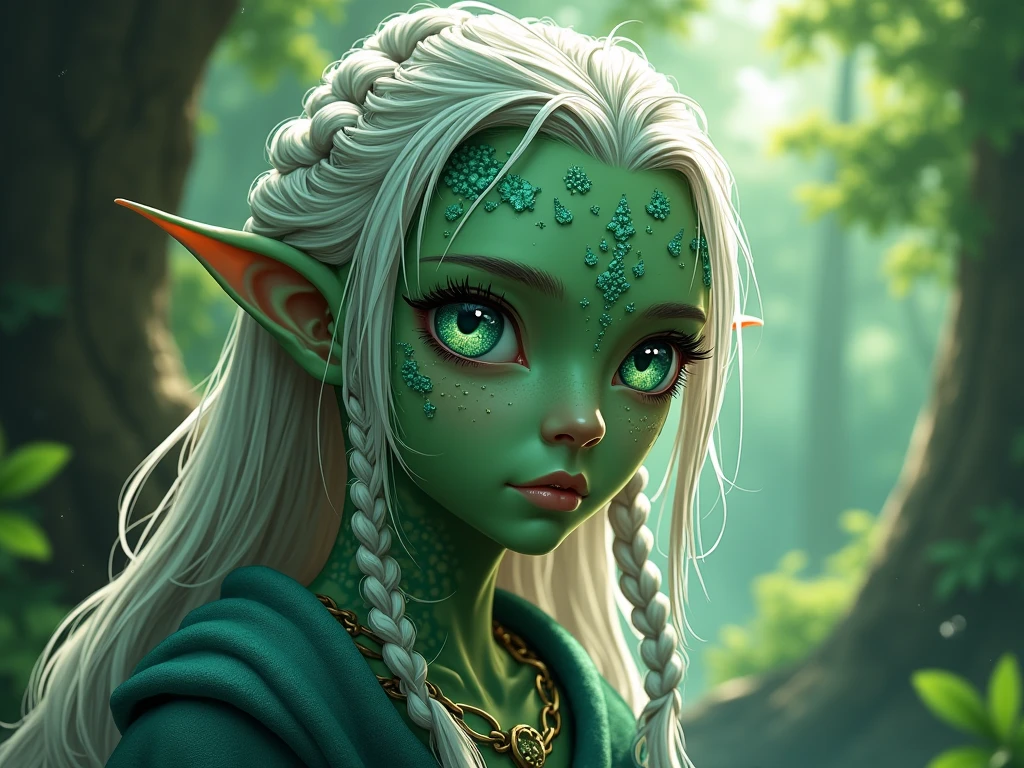 female cute elf, (anatomical biometrical hands), in a jungle, two braid hair, wearing elf dress, cute face , big beautiful blue eyes, full body, (hyper detailed eyes, hyper detailed face), 16k, 8k, RAW photo, best quality, masterpiece, high detail RAW color photo, dramatic lighting, cinematic lighting, back light, professional lighting