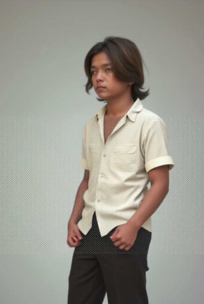 A work of art of a dark-skinned boy with a thin, small mustache, wearing a white blouse and black shorts