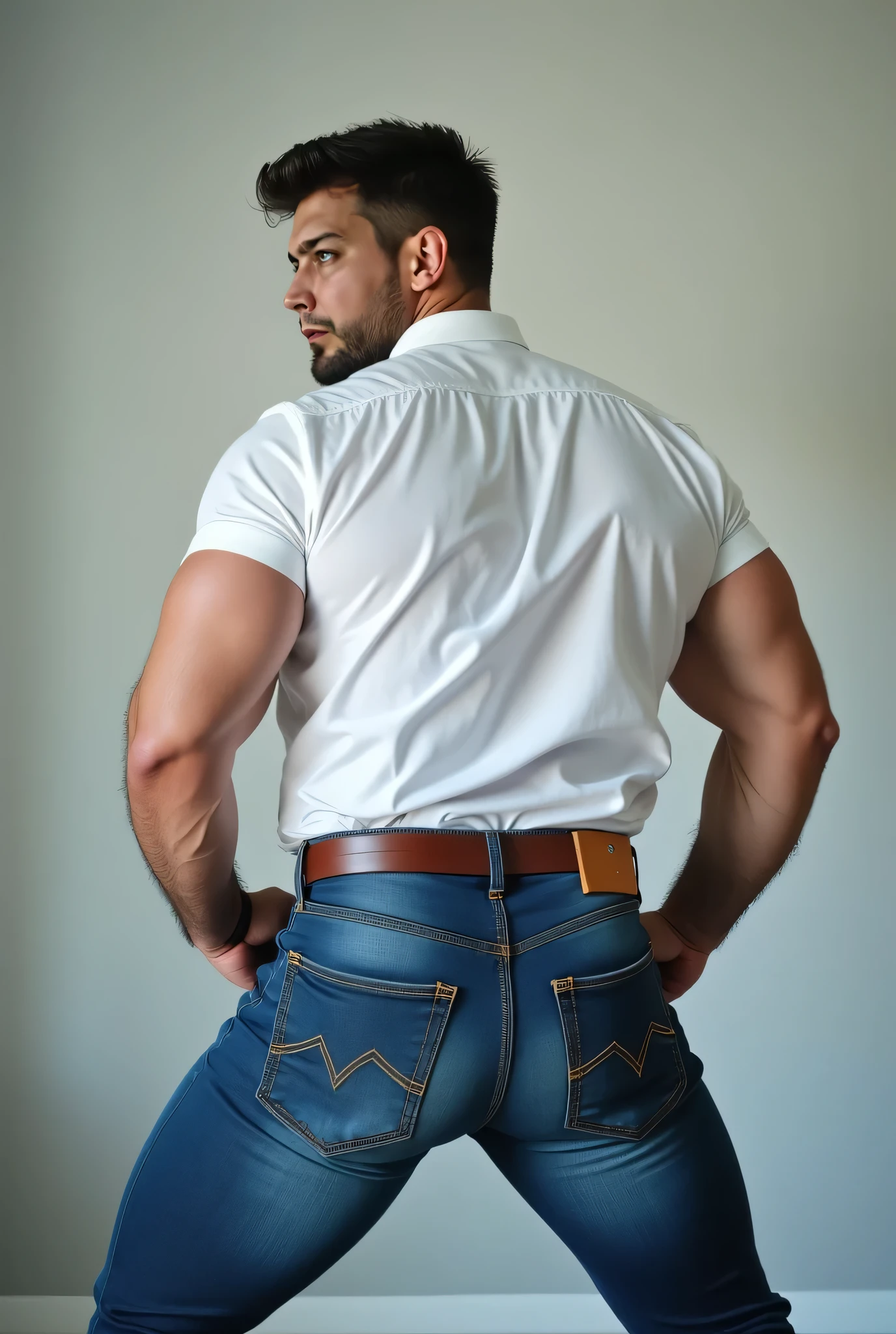 Obra maestra, mejor calidad, ultra detallado, 1 hombre, de espaldas, macho maduro, muscular, pedazo, bara, deportista, carne de res, negro skin, piel bronceada, latino, 36 years old, negro hair, gray fur, barbas de chivo, cabello demasiado cortado, serious expression, camiseta gris, science fiction background, blue jeans de espaldas, jeans backside backside bent over