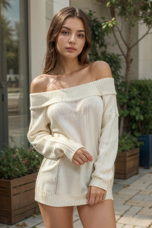 (Best quality, 8k, 32k, Masterpiece, UHD:1.2), Photo of cute tall Italian woman, blond, big breasts, very short hair, full body, wearing heels, (oversized_sweater,:1.1) oversized plunging sweater, necklace, simple background, looking around.