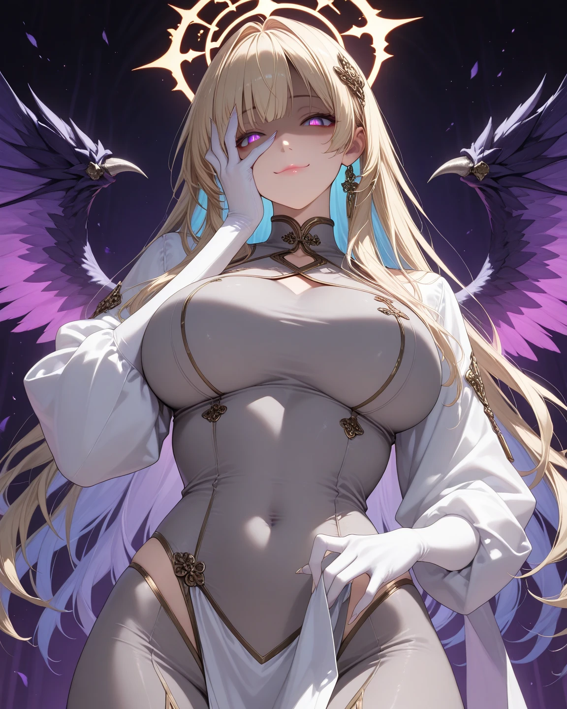 gran calidad ++ Extremely detailed high resolusionolution, very aesthetic, ojos expresivos, (((Cara perfecta))), (((face symmetrical))), ((good anatomy)), (((manos perfectas))), (((8k))), UHD, Fondo de pantalla HD, (((alta calidra detallada, (((((1girl)))))), solamente, Obra maestra, La mejor calidad, high resolusion, Altamente detallado, (illustration), hermosos ojos detallados, (((combatant))), (((1girl))), ((((cuerpo completo)))), (((((((irisviel von einzbern)))))), (((IrisvielBlackGrai))), (((((princess_celestia)))), ((((Multicolored Hair))), ((((forma humana)))), (((((smile))))), ((princesa celestia humanizada)), Celestia, Celestia de My Little Poni, celestia en forma de milf, Cabello largo y ondulado, (((red eyes))), ((((((black dress)))))), (((purple heart promise))), (((white dress))), (((milfication))), (((mature female))), (((gigantic breasts))), (((white pony ears))), (((Dedos detallados))), (((white wings on the back))), (((cuerno de unicornio))), (((Dedos precisos))), Manos no antinaturales, strange eye, columnas griegas, exterior, hermoso bosque majestuoso, hojas de parra rodeando las columnas, arbustos de flores por todas partes, cielo despejado, bright sunny day, water lilies, bosque celestial, (((mirada cara a cara))),
