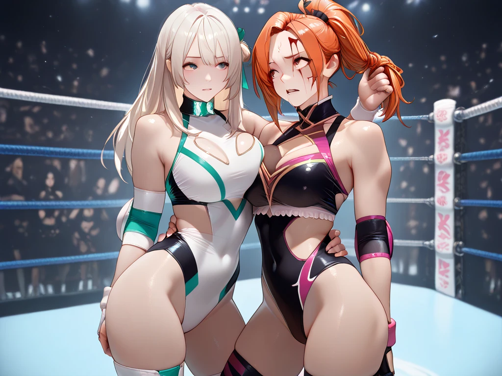 (masterpiece art, high best quality image, very detailed features) female wrestling
1Beautiful 21 years old girl, beautiful bully beautiful menacing face, light blue eyes, black hair tied in two in short pig-tails with two pink ribbons tidying the pig-tsils, big breasts, beautiful figure, big glutes, arrogant sadist smiling bully, (purple and green one-piece swimsuit, long green leather books), Agresive violent demeanor
Dirty gym
