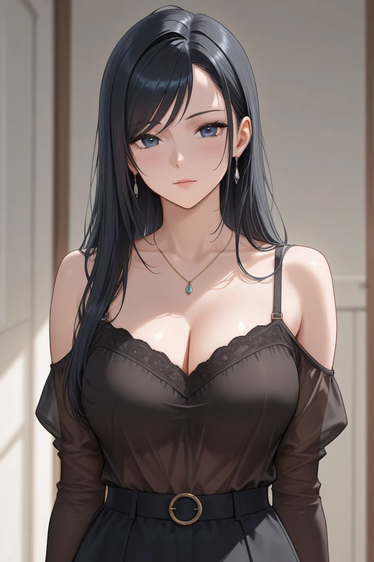{8k image}, 1beautiful woman, 30 years old (milf), Cute yu hee  , long wavy black hair,  glowing long drop dangle earrings,  bracelet, necklace cleavage, perfect body , black long dress, wrist watch, detailed image, bracelet, beautiful eyes