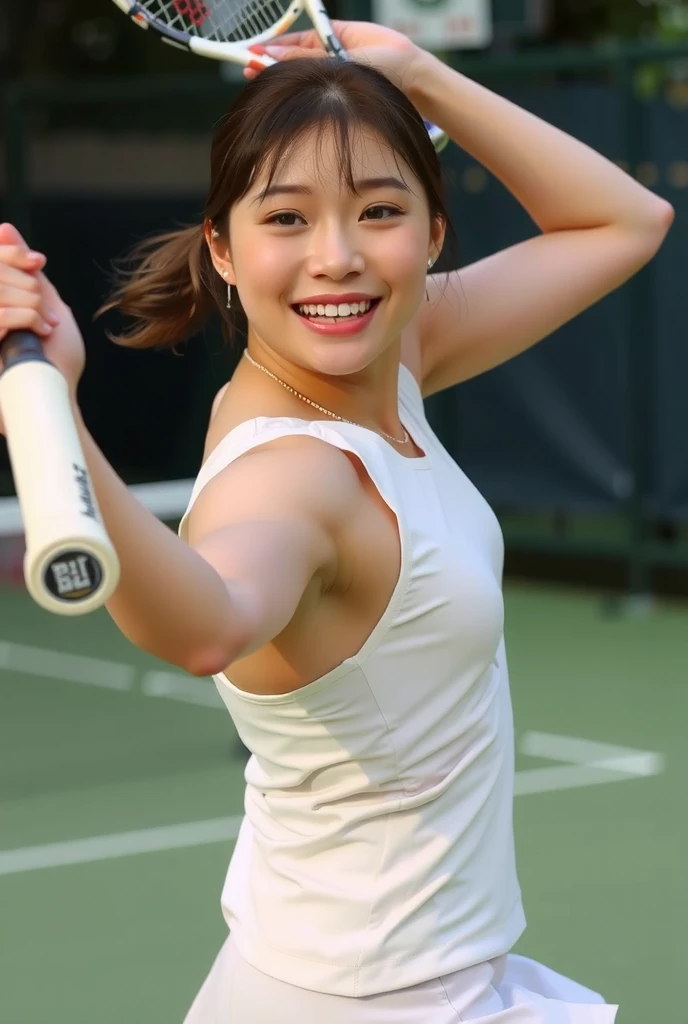 Beautiful woman looking at camera、detailed photo、 person、(Slimed、small tit、flat 、small exy  pose:1.2、Wet body、sodden、sexy  pose、Wet body、sodden、A slender、From  above、Delicate and sexy collarbone、1 woman、toru & Field Athlete、（white Sport Mini Dress）、Painted from head to knee、Show your teeth and laugh out loud、playground