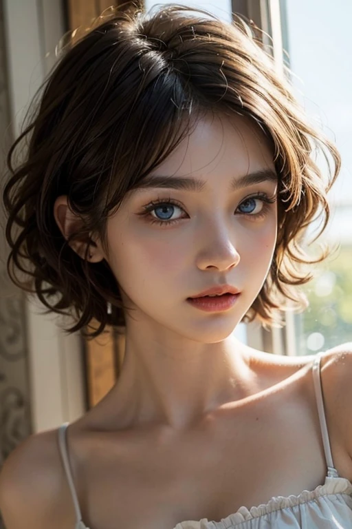 ((((Masterpiece, Best Quality, High Resolution)))), this stunning image showcases an exquisitely detailed 8K depiction of a beautiful girl with a slim body. The level of detail is truly extraordinary, with an ultra-detailed and highly realistic portrayal that borders on the realm of photo-realism. The composition centers around a single girl, captivatingly captured in this high-resolution masterpiece. Her short wavy hair, styled in bob cuts, adds a touch of dynamism to the scene as she confidently faces the camera with a radiant smile. Her striking purple eyes draw you in, beautifully complementing her medium-sized breasts and the meticulous detailing of her face, particularly her eyes. She is adorned in a white vest made of thin material, teasing a hint
