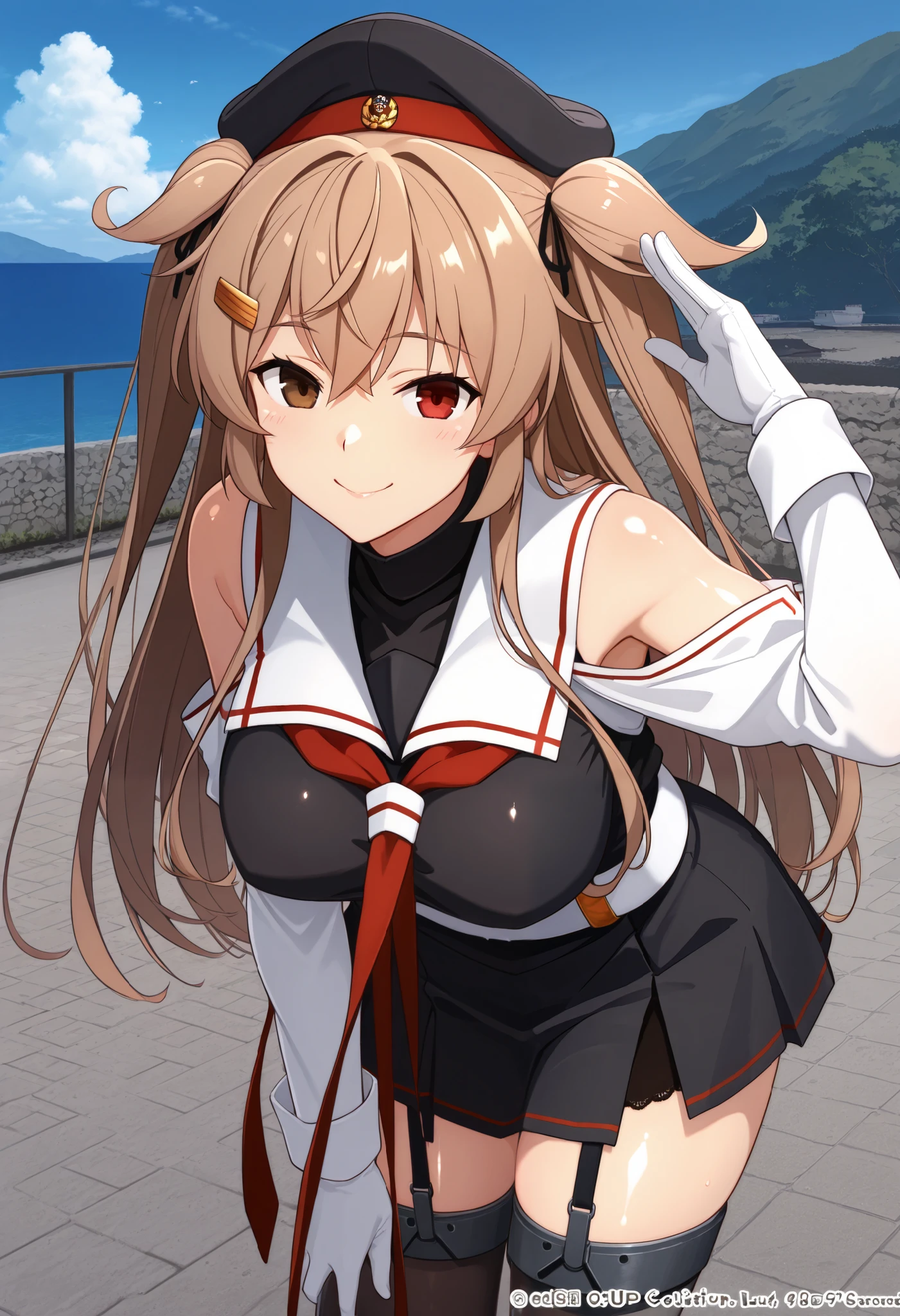 Murasamekai2kc, kantai collection,score_9, score_8_up, score_7_up, source_anime, 1 girl , (masterpiece) , bigger breasts, Official Art, (detachable white sleeves ), kantai collection,1 girl , (masterpiece) , best quality to deliver , high resolution , Murasame Kaiji Fleet Collection , long hair , (ツーサイドup) , hair flap , hair clip ,, , black headwear , , heterochromia , Red Eyes , brown eyes , white sailor color , red neckerchief , black shirt, white gloves , black skirt , garter belt , smile , outdoor , shiny skin,