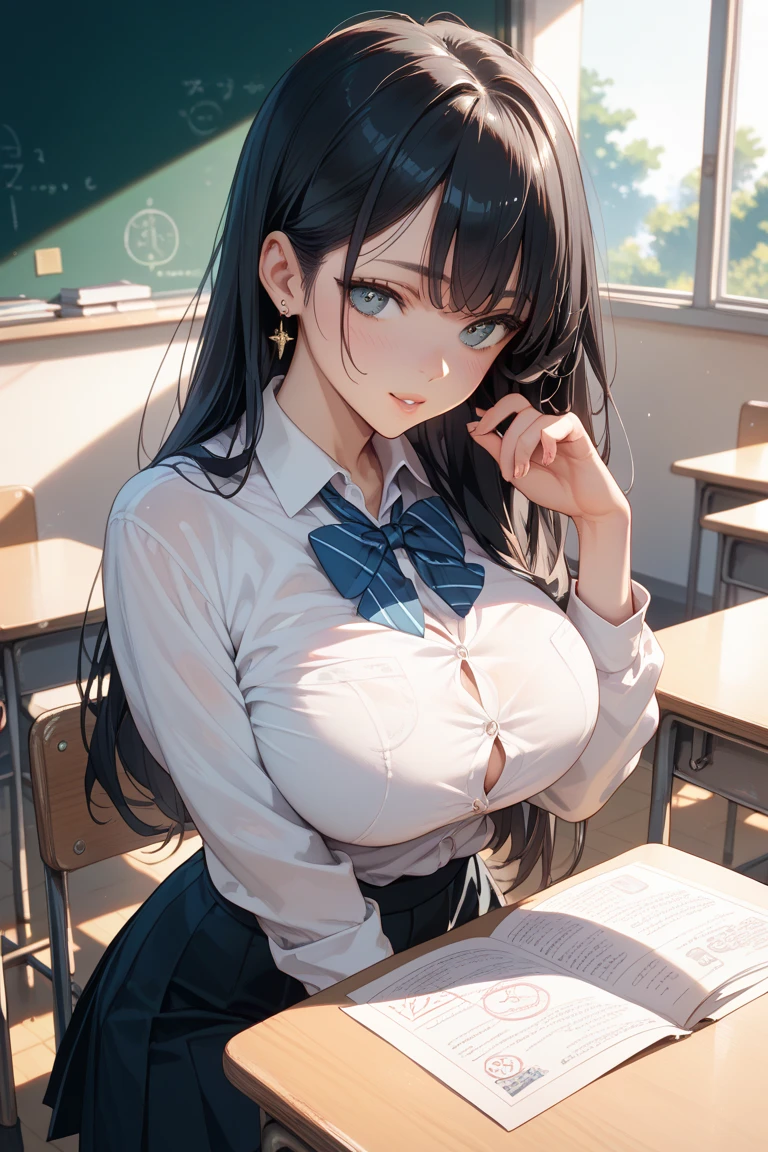 (Highly detailed CG Unity 8k wallpaper)、(masterpiece)、(Highest quality)、(Super detailed)、(Best illustrations)、(Best Shadow)、Ultra-high resolution、(Real、Photorealistic:1.2)、(student teacher:1.4)、Messy medium length hair、(Large Breasts:1.2)、(Cleavage:1.2)、(School classroom:1.4)、(Neat shirt and skirt:1.2)、(Open the third button of your shirt:1.2)、Puffy eyes、(look back:1.2)、Looking at the audience、Close-up、Cloudy soft light、Hold a black attendance record