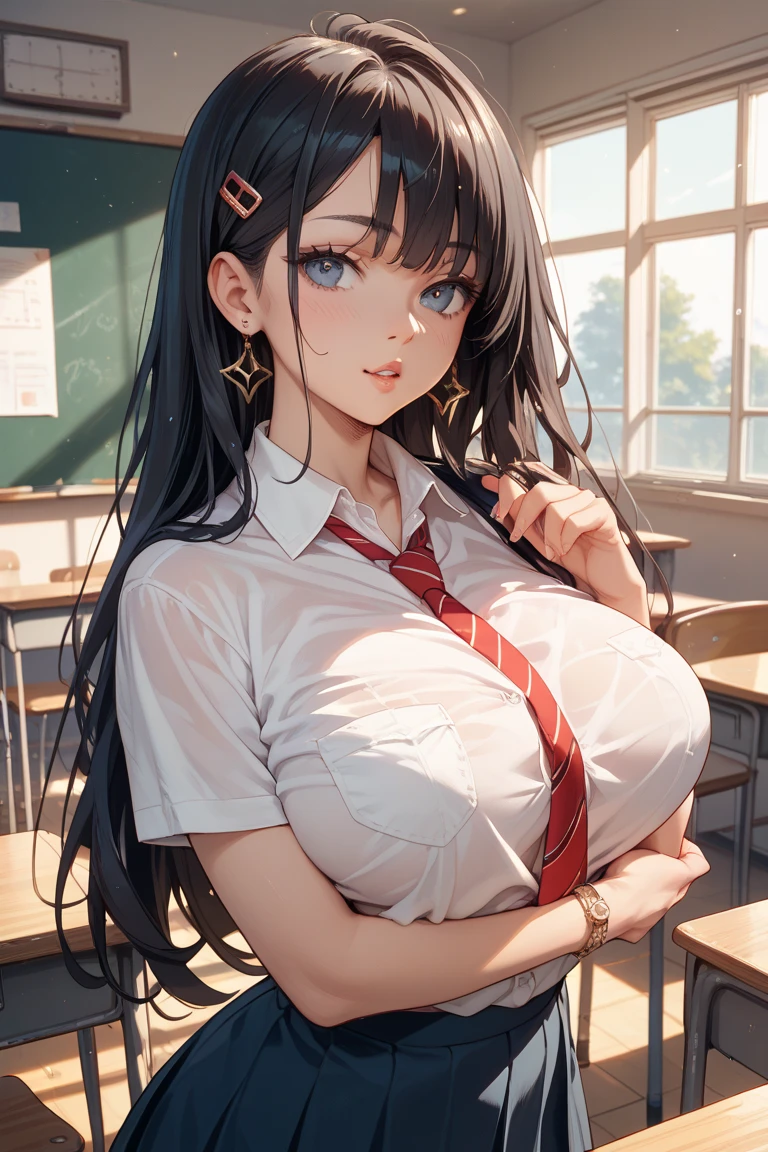 perfection、Extremely detailed depiction、Masterpiece、Professional illustrations、Cinematic lighting、Light and shadow、Detailed face、Detailed eyes、The background is the classroom、sauce_game、Tifa Lockhart、Black Hair、Long Hair、High School Uniform、Grey jacket、White cropped tank top、Pleated skirt、Thigh-high socks、Big Breasts、Large Breasts、Sweating profusely、shame、Watery eye、Holding in pee、Best Angle、Best Shot