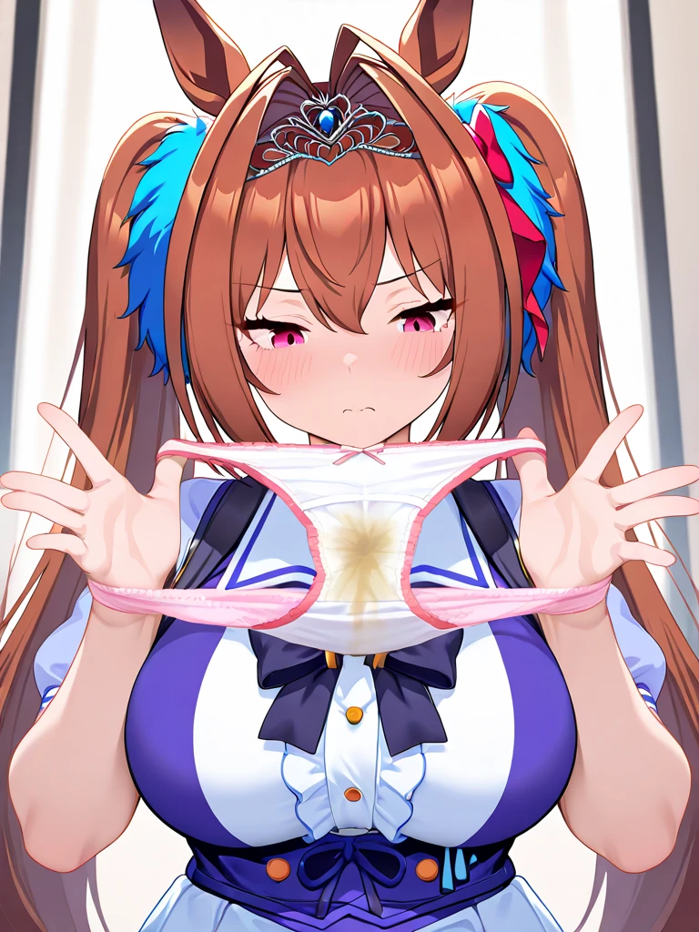 masterpiece, Best Quality,top-quality,{{{Daiwa Scarlet \Umamusume}}},{{{Twin-tailed}}},very long twintails,horse ear,Brown hair,tiarra,{{{Tiara on the head}}},red blush,Glaring at viewers,A very reluctant look,Crying,Abundant tears,Open your mouth tremendously,{{{fullnude}}},Amazing big,Beautiful nipples,女の子1人,1boys,blow job,{{{blow job}}},Lick your penis deeply ,{{{Lick your penis deeply}}},Face Focus,Ejaculate a lot,