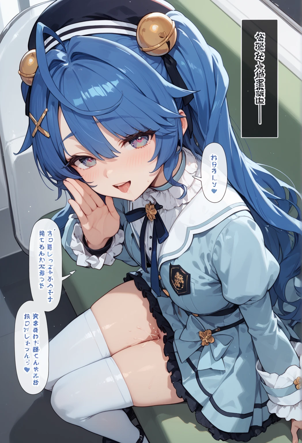 1girl, solo, detailed face,SuiseiBase, plaid beret, crown, blue star choker, star earrings, blue ascot, plaid jacket, plaid skirt, layered skirt, partially fingerless gloves, star bracelet, uneven legwear, thigh strap,(bike shorts),looking viewer,grin,small breasts,standing,indoor,sweating