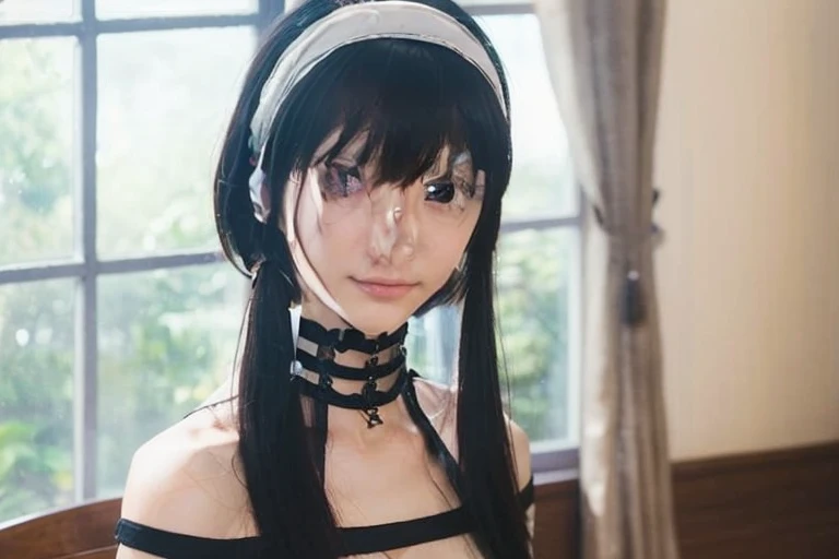 (Realistic, photo Realistic:1.37), Unbelievably absurd, (Very detailed:1.3), 8K, (masterpiece), (Highest quality:1.4), (Ultra-high resolution:1.2), (RAW Photos:1.2), (unity 8K wallpaper),Sitting, very cute, (bishojo:1.35), (15 years old:1.4), ((Alice and the Pirates Fashion)), (A beautiful black dress with subtle details), Blue rose hair accessory, (((Lace-up boots))),(Garter Stockings), Delicate and beautiful face, eye, skin, Thick black shiny hair, (Crying on camera),((Tears running down her cheeks)),(上eye), (Metal nose hook), View of the village and the lake, Very detailed背景, Professional Lighting