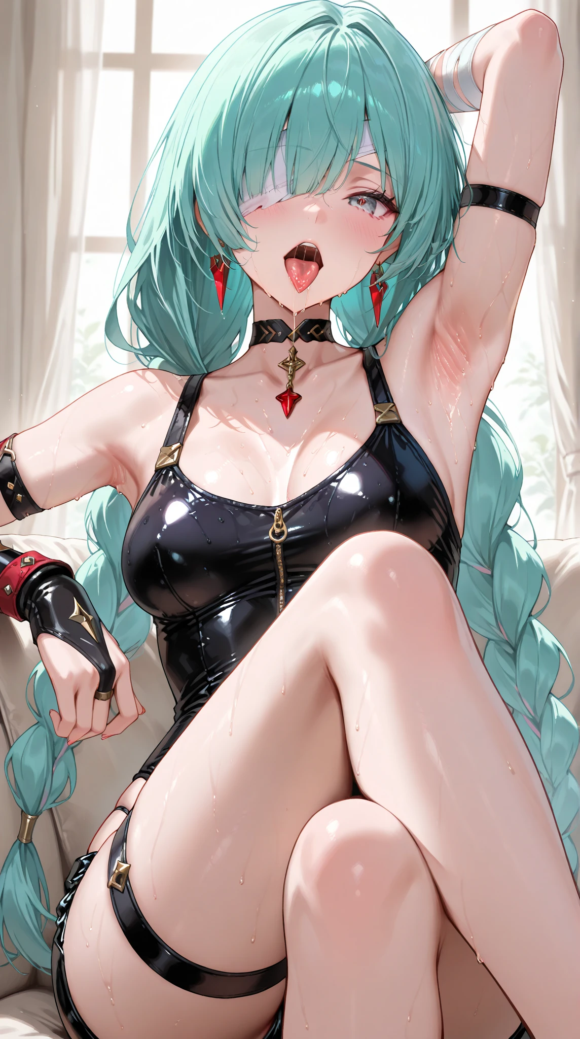 {(watercolor image:1.4),(renaissance style:1.2)}, BREAK, { face,anguish,(scream:1.1),(very very ecstas(writhing:1.4),embarrassing,half open eye},{(very obscene pose:1.2),(arched back:1.2),(arch one's head:1.4),arms behind}, {(gray fundoshi:1.2), (wet clothes:1.4)}, BREAK, {(many Chains from all sides:1.4),(chains around the body:1.2), (crotch chain shibari:1.2),shibari:1.3),(chain ), (chain restraint) bind limbs),(chain bind body),(chain in collar)):1.2, confinement, shackles}, BREAK, {(1 woman, small breasts), braid hair intricately},irectly below,Voyeur style}, {(dark church glowing stained glass:1.2)},BREAK,{(glowing tears:1.1),(Emerald_green glowing eyes),extremely detail hair, (pure white skin:1.1)}