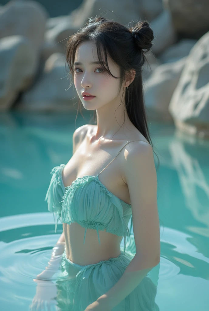 The model's head and bare shoulders emerge from the surface of a crystal clear lake. Her long hair floats in the water, intertwining with strands of pearls, seashells and seaweed. Rays of sunlight creating a shimmering, rippling effect around her.
(RAW photo, best quality),(realistic, photo-realistic:1.3), clean, masterpiece,finely detail,masterpiece,ultra-detailed,highres,(best illustration),(best shadow),intricate, bright light