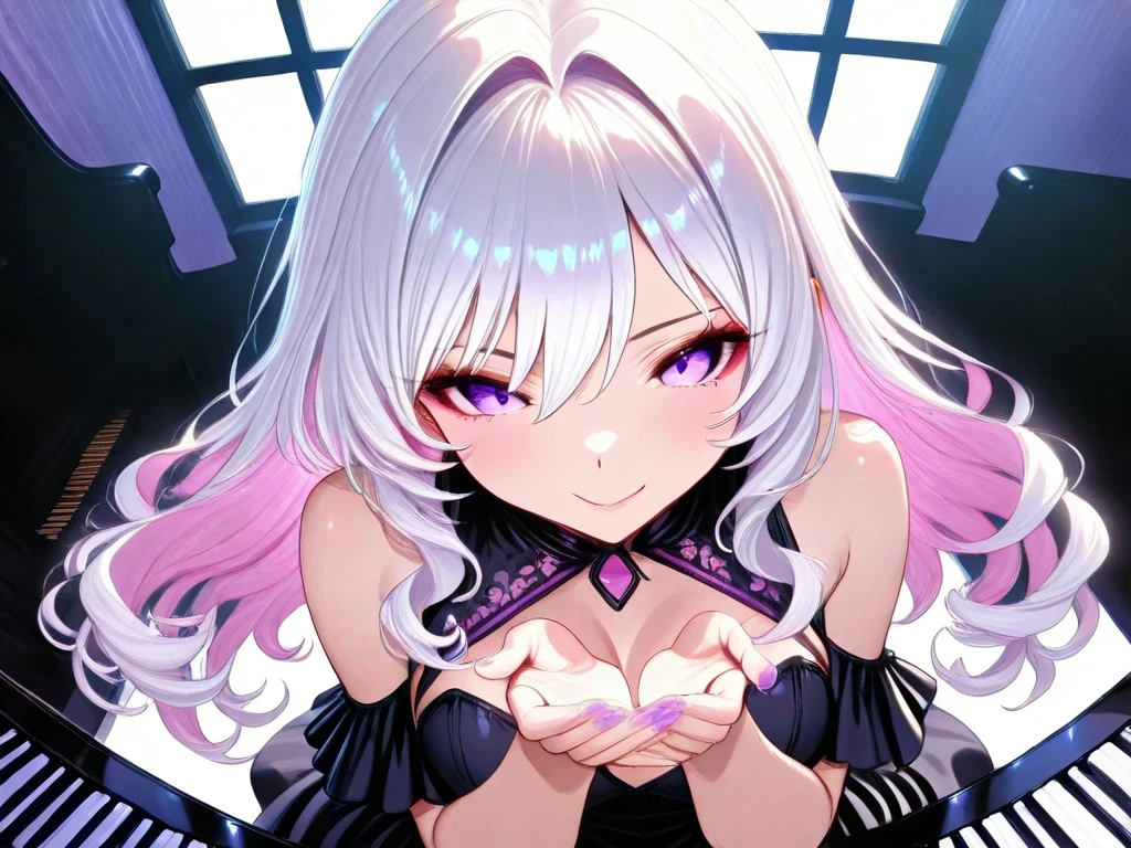 Silver hair, pink eyes, body, cat ears, sexy girl, earrings, heart fantasy background, gold and silver uniform, hair bows, lay back, happy face 