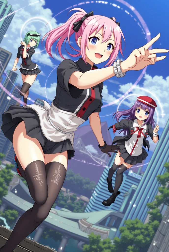 masterpiece, best quality, high resolution, Ridiculous, 1 girl, crowd, skirt, pink hair, Kasai Yuno, from below, revealing clothes, Dentate skin, outdoor, Sunlight, street, looking at the audience, blush,