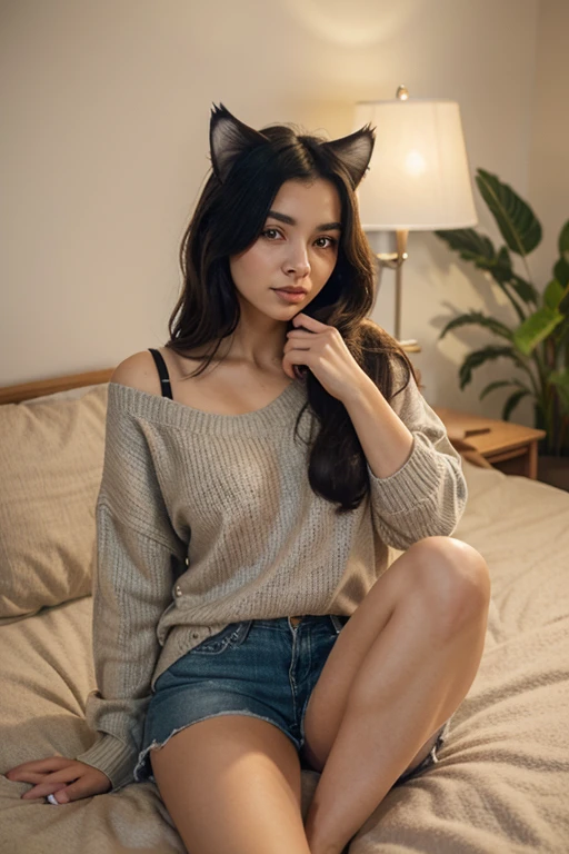 1girl (30yo) stunningly beautiful sexy mature (Japanese), beautiful realistic face, (long blue hair:1.3),
((sitting on a bed)), sexy pose, cat ears, subsurface scattering,
looking at viewer, realistic blue eyes, (happy, smiling:1.2), dimples, (separated-lips, open mouth:1.1),
(black oversized_sweater:1.1), nsfw, one exposed breast, shoulder, spread legs, sweater,
(cinematic lighting:1.5), (deep-shadows:1.4), (backlit:1.2), (dim, dark, night), rimlight, depth of field, chromatic aberration, bokeh, raytracing, sharp focus,
highres, 8k, high quality, masterpiece,
<lora:JapaneseDollLikeness_v15:0.1>
<lora:oversized_sweater:0.5>