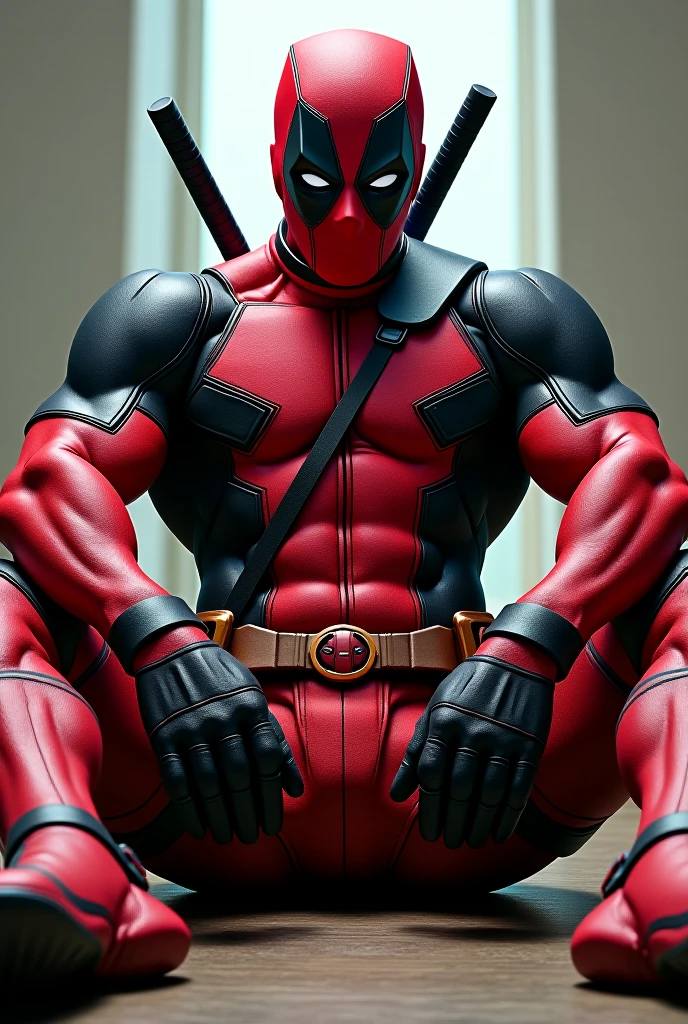 2 meter tall muscular hero, Very tall,Super hero:Deadpool, Red and black striped Deadpool tights, Warm and thick, character concept(Brown-grey hair,Buzz Cut), Mechanical leather armor, His muscles are huge, He sat on the soft sofa, Small grid texture, Regular symmetrical texture pattern, A sad expression, Deep and charming eyes, Sitting in the dark muddy streets, Heroic male pose, tall Burly, muscular! High, Burly, Heqiang, Super Buff and Coolness, High Resolution Committee, Yellow-gray ultra-thin nano-mechanical big-foot boots, Charismatic strongman, The bright sunshine shines on you