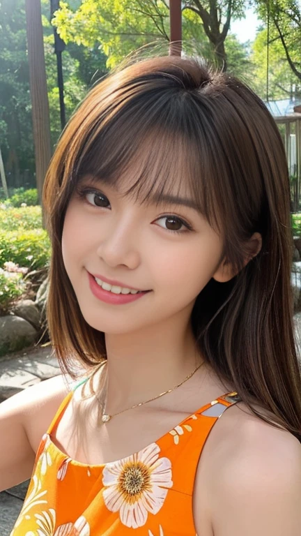 Solo Detailed and realistic portrait of a beautiful young Asian woman. She has long light brown hair and big light brown eyes. ((Medium chest, Tomboyish, Small head)), Sunlight, Sunshine, (Chief Abs: 1.1), (Perfect Body: 1.1), Auburn Hair, Necklace, Full Body Shot, Best Quality, One beautiful woman, Long hair, Brown hair, Eating pink shaved ice at beach shack. Cold and delicious face, Big smile, Sitting