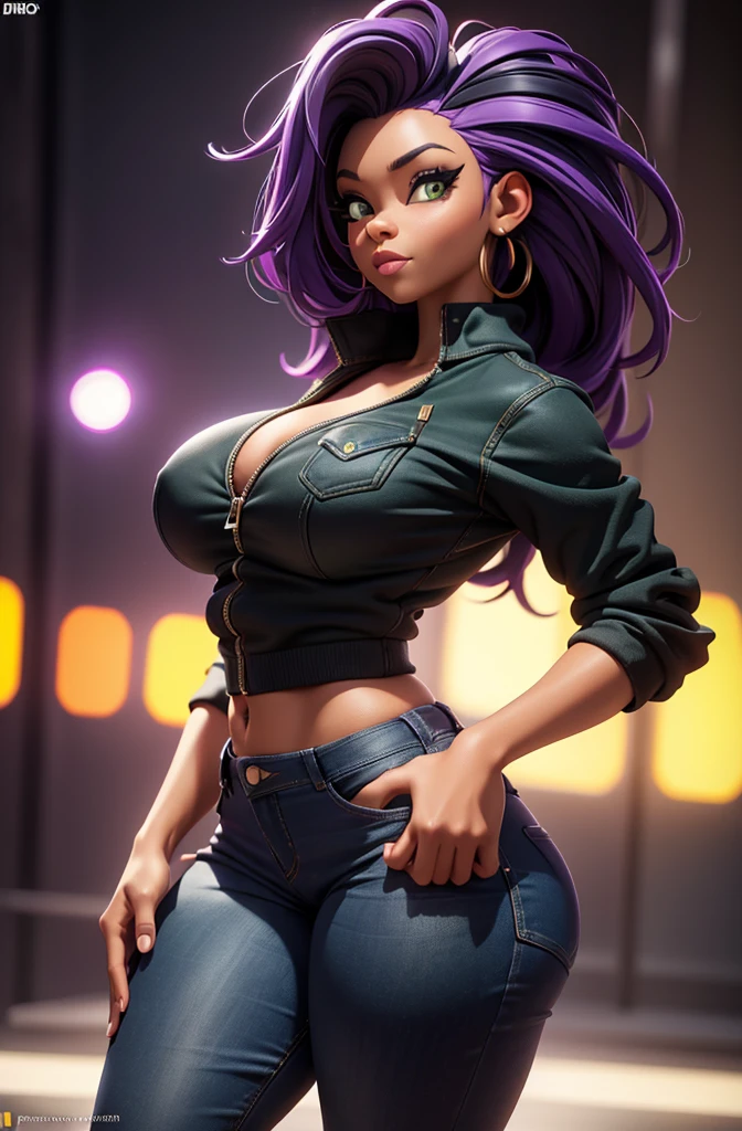 (a black girl,purple hair,green eyes:1.1)slender,athletic,(yellow tank top,black latex pants,a denim jacket:1.1),yellow sneakers(big boobs:1.1, nsfw:1.1,big ass:1.1)

(best quality,4k,8k,highres,masterpiece:1.2),ultra-detailed,(realistic,photorealistic,photo-realistic:1.37),portraits,vivid colors,HDR,professional,studio lighting,bokeh