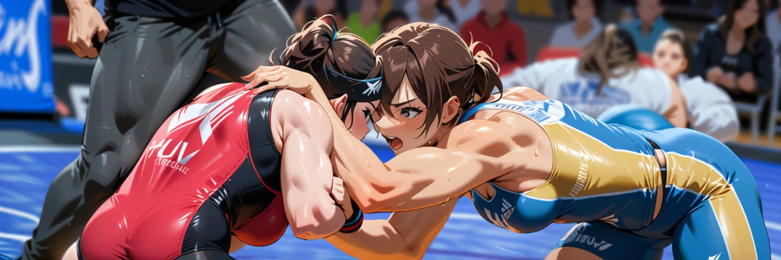 high quality,HD,16k,sharp lines,2 girl,Female freestyle wrestling athlete ,cute face, large breasts, nice legs,At the freestyle wrestling venue,focus girl,detailed beautiful face,detailed clothes,beautiful eyes,cool,dynamic angle,pinning each other on the ground in a close and intense fight on a mat, showing their ground techniques with a lot of sweat on their body