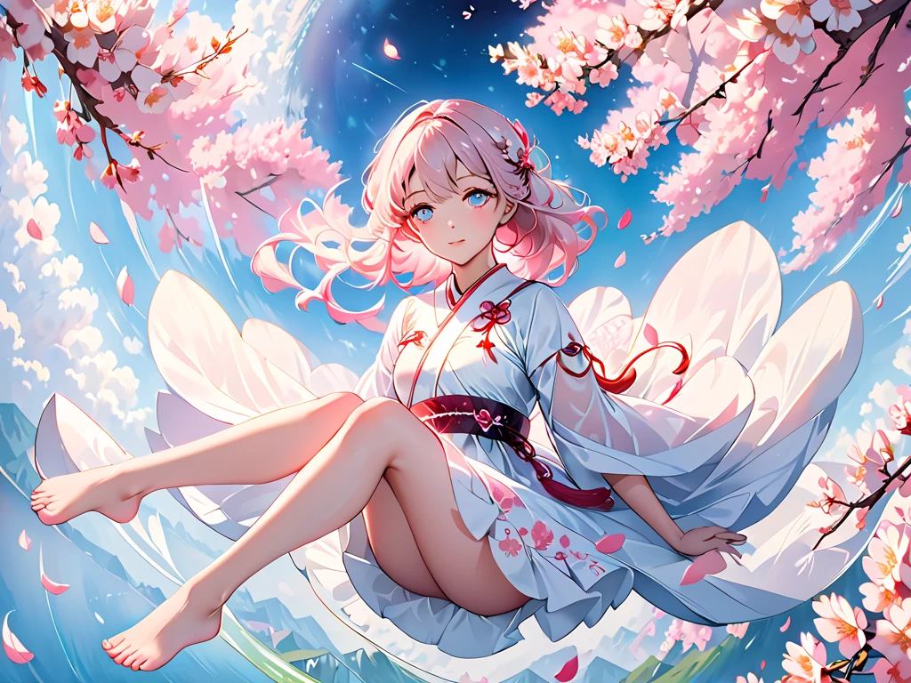 [full quality, masterpiece], 1girl fullbody, floating in the air among sakura flowers, lilac hair, short hair, starry eyes, simple background, simple pose