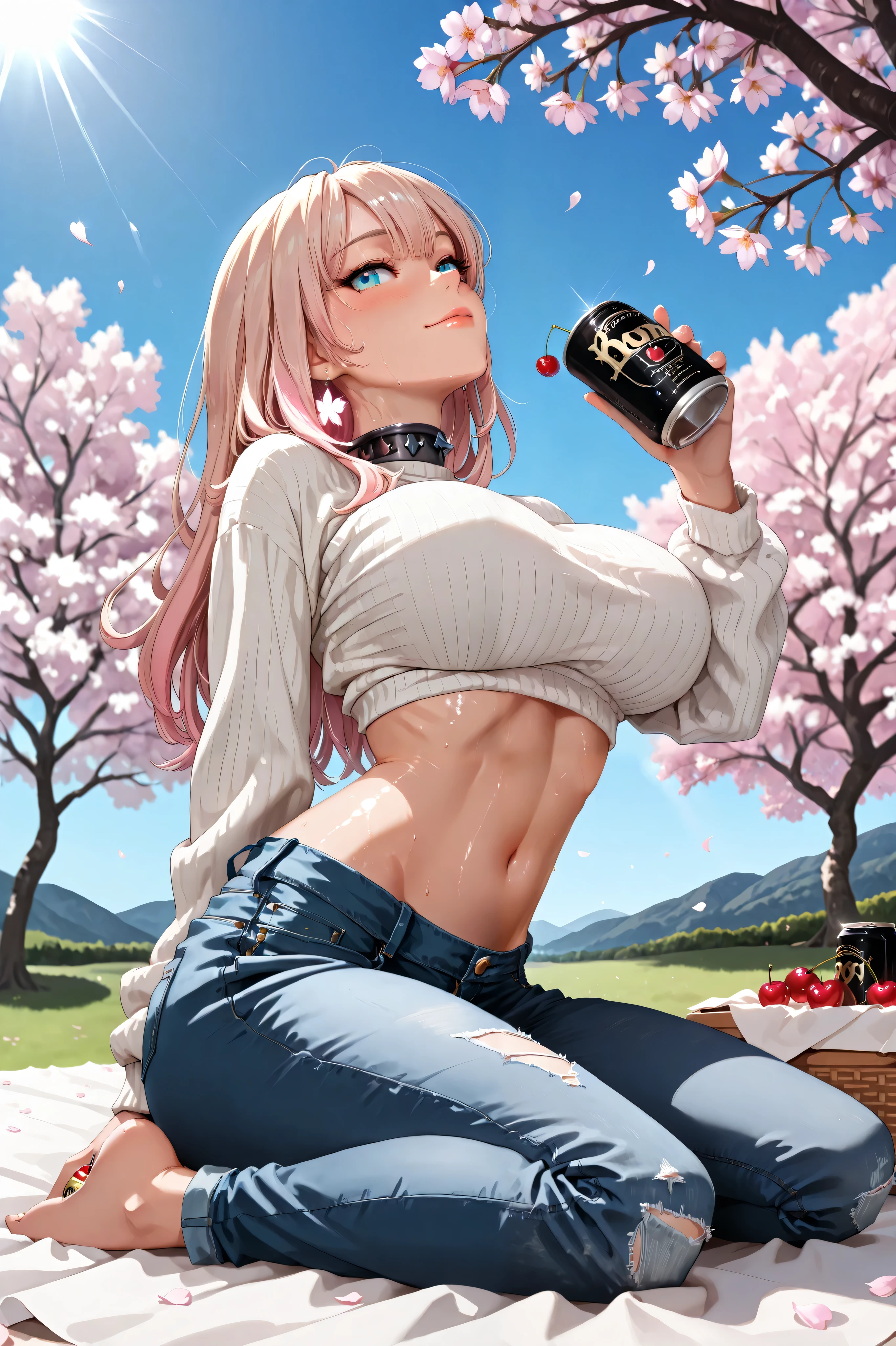 (mesugaki:1.3),(1girl, solo, extreme proportions, (huge breasts:1.2), (arched back:1.2), (sweat:1.1), full body, (thin fingers:1.1)),
((model-thin proportion:1.3)), (ethereally slender:1.3), (paper-thin waist:1.4), (bony:1.2), (protruding ribs:1.2), (protruding collar bones:1.2), (underweight:1.3), (narrow waist:1.4), (slender stomach:1.2),
(under a cherry blossom tree:1.3), (hanami:1.3), (falling petals:1.2), (sitting on a picnic sheet:1.3), (holding a can of alcohol:1.3), (drinking from a can:1.2), (relaxed pose:1.2),
(tight white sweater:1.3), (jeans:1.3), (snug fit:1.2), (casual outfit:1.2),
(clear blue sky:1.3), (sunny day:1.3), (bright sunlight:1.2),
((detailed eyes:1.3), shiny eyes, long eyelashes, fluttering lashes),
((detailed face:1.3), youthful beauty, sweet expression),
((detailed lips:1.3), glossy lips),
((detailed skin:1.3), flawless skin, soft glow skin),
(((masterpiece))), (((hyper-realistic))), ((ultra-detailed)), ((high-resolution)), ((sharp focus)), ((dynamic lighting)), ((depth of field)), ((rich textures)),
((vibrant tones)), (deep shadows:1.2), (luminous highlights:1.2), (neon glow:1.1),
((soft glow)), ((natural light)), ((cinematic lighting)), ((high contrast)), ((illuminated))