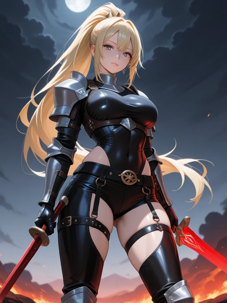 top-quality、Top image quality、masterpiece、girl with((Red Leotard、Black Mechanical Armor、sixteen years old、teen ager、cute little、Best Bust、big bast,Beautiful light blue eyes、Breasts wide open, a blond、A slender,Large valleys、belligerent movements,Warlike face、fighting poses、Sword in right hand、shield in left hand、Navel Tank Top、posterior view、Emphasis on the buttocks)),hiquality、Beautiful Art、Background with((universes)))、Depth((black hole)),masutepiece、depth of fields,Cinematic style
