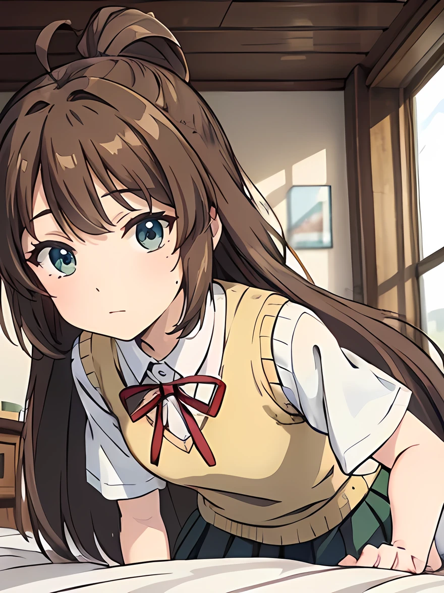 (masterpiece, top quality), EXTREMELY detailed CG Unity 8k wallpaper, high definition, bold composition, masterpiece, best quality, amazing quality, very aesthetic, high resolution, ultra-detailed, absurdres, newest, scenery, depth of field, voLumetric lighting , artistic composition, Anime screencap, Flat animation, 1 girl, non-committal, dwarf, little_girl, , school_uniform, sweater vest, neck ribbon, brown_hair, long_hair, antenna_hair, bangs, anime, (white panties, Not wearing a skirt, Embarrassing, lie on the bed), Transparent, (pubic hair), close up panties, legs open, (Composition from below, flat anime), green eyes, looking away, 5 heads tall