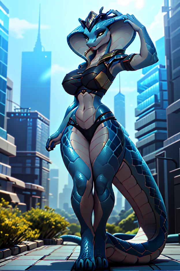 ((synth)) solo portrait, robot, honovy hioshiru foxovh, outside,park, ((happy)), looking at viewer,mouth open, tongue, female,blue body,standing,feet,tail,curvy figure
 <lora:synth:1>