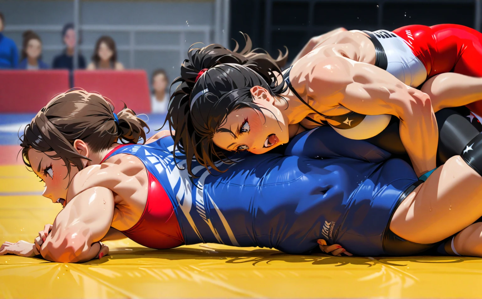 ((Match ring in the gym, two beautiful women competing in a freestyle wrestling ring on a tatami mat:1.2)), hole body, ((( freestyle wrestling stance:1.2))), slim body line, Small and slim figure, (small breasts, Decollete), ((Wearing a formal freestyle wrestling uniform:1.3, black belt)), ((detailed eyes and face:1.2, Professional photography techniques)), (highest quality, 8K, masterpiece:1.2, RAW photos), (realisti:1.3), (detailed hands) submission hold techniques