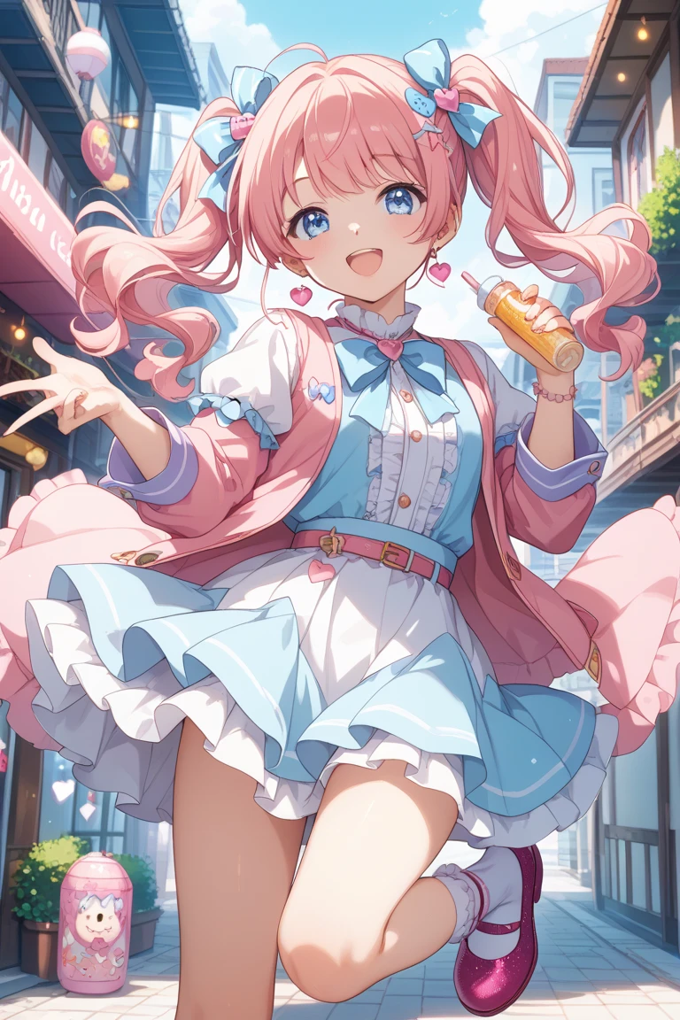 masterpiece,best quality,(kawaii cute 1girl giving balloon to viewer, one knee:1.3),(luminous neon colorful balloons:1.35),(extend right arm to viewer:1.4),(big balloon:1.4) in right hand,bluesky,sun lighting,outdoor,trees,cumulonimbus,business suit,open mouth,gorgeous high heels,large breasts,mini skirt,(souvenir shop background),lots of items,scenery,<lora:GoodHands-beta2:1>,